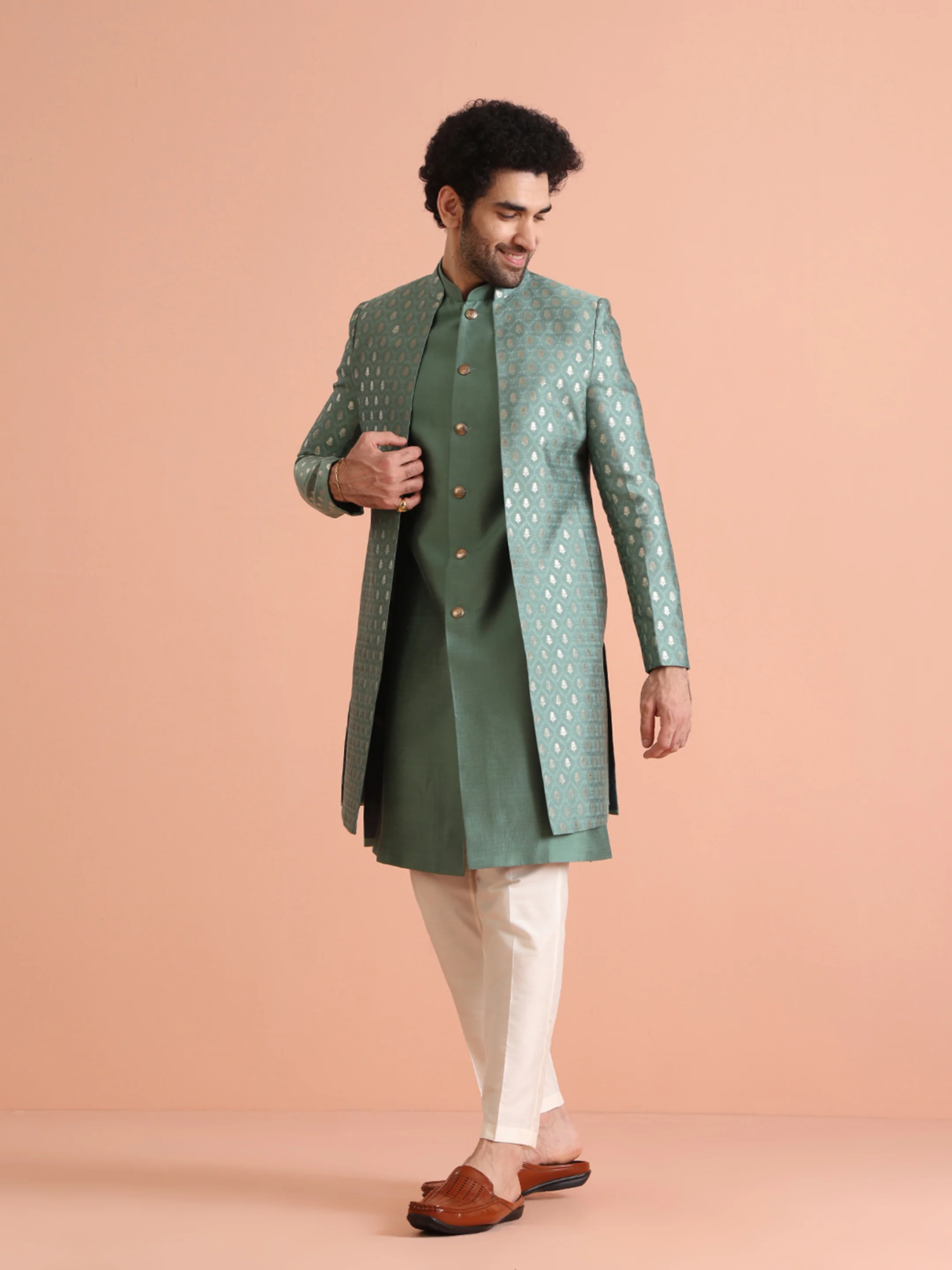 Mint Green Silk Blend Textured Sherwani Trouser Set - Image 3
