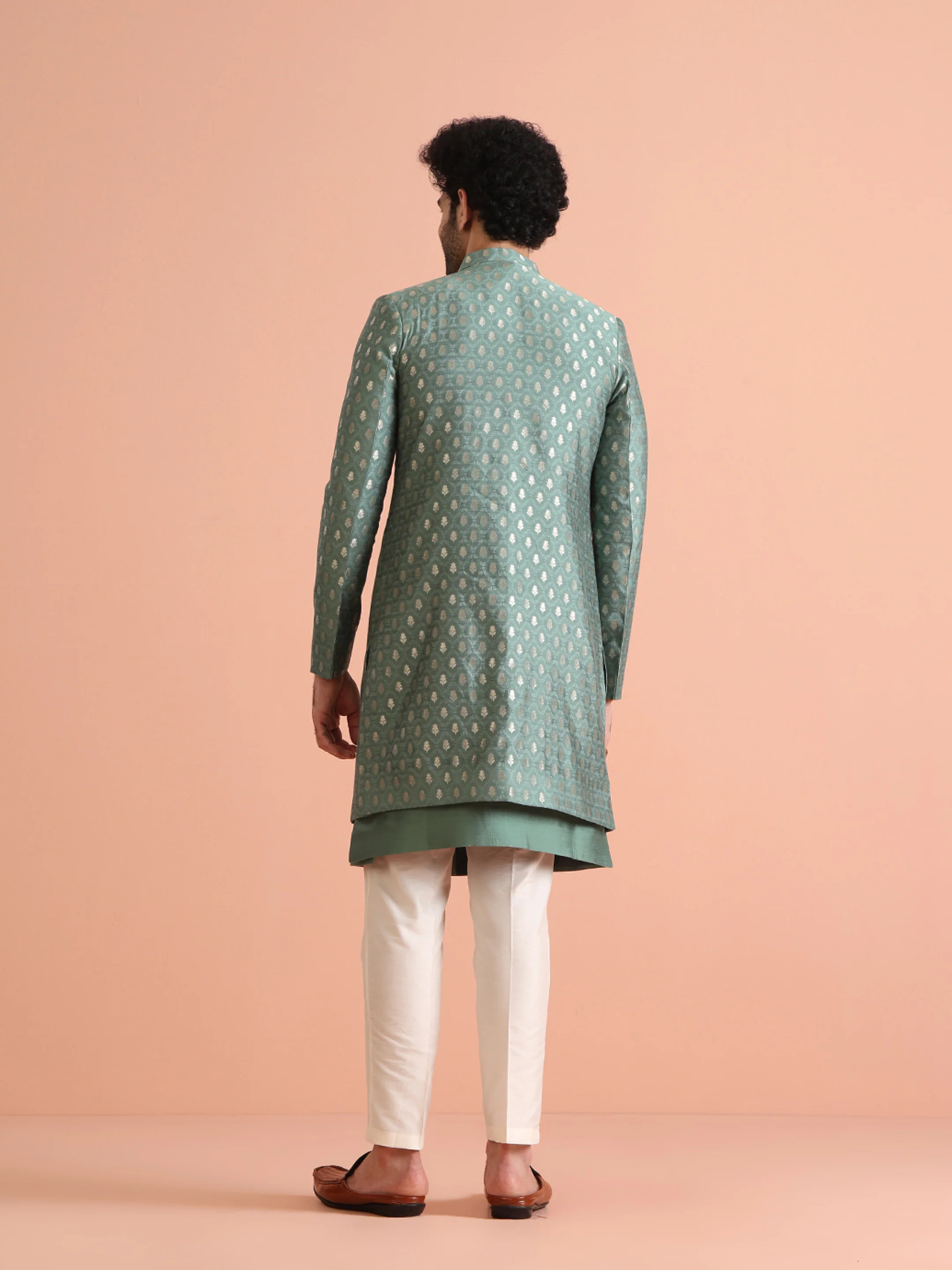 Mint Green Silk Blend Textured Sherwani Trouser Set - Image 4