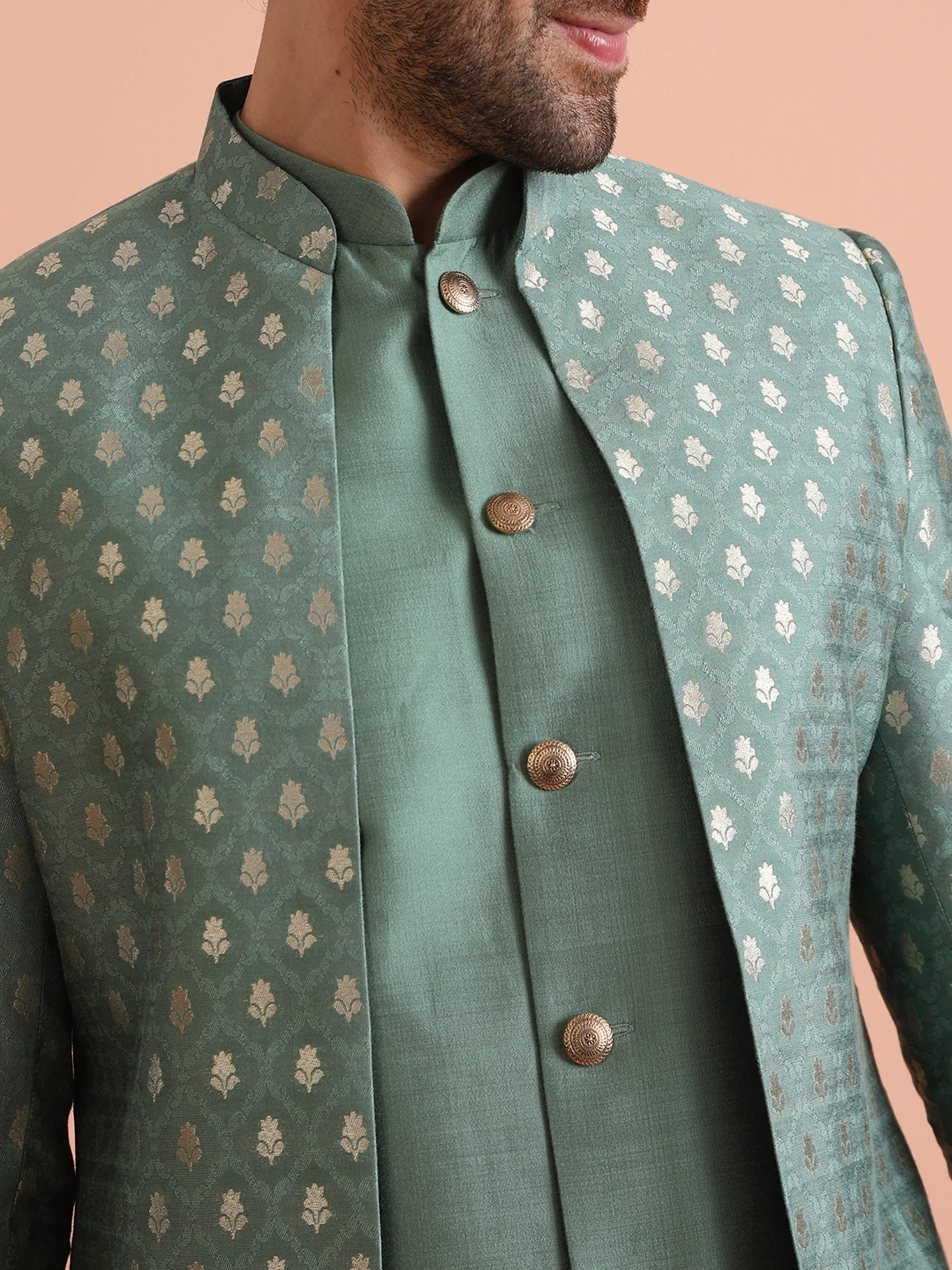 Mint Green Silk Blend Textured Sherwani Trouser Set - Image 5