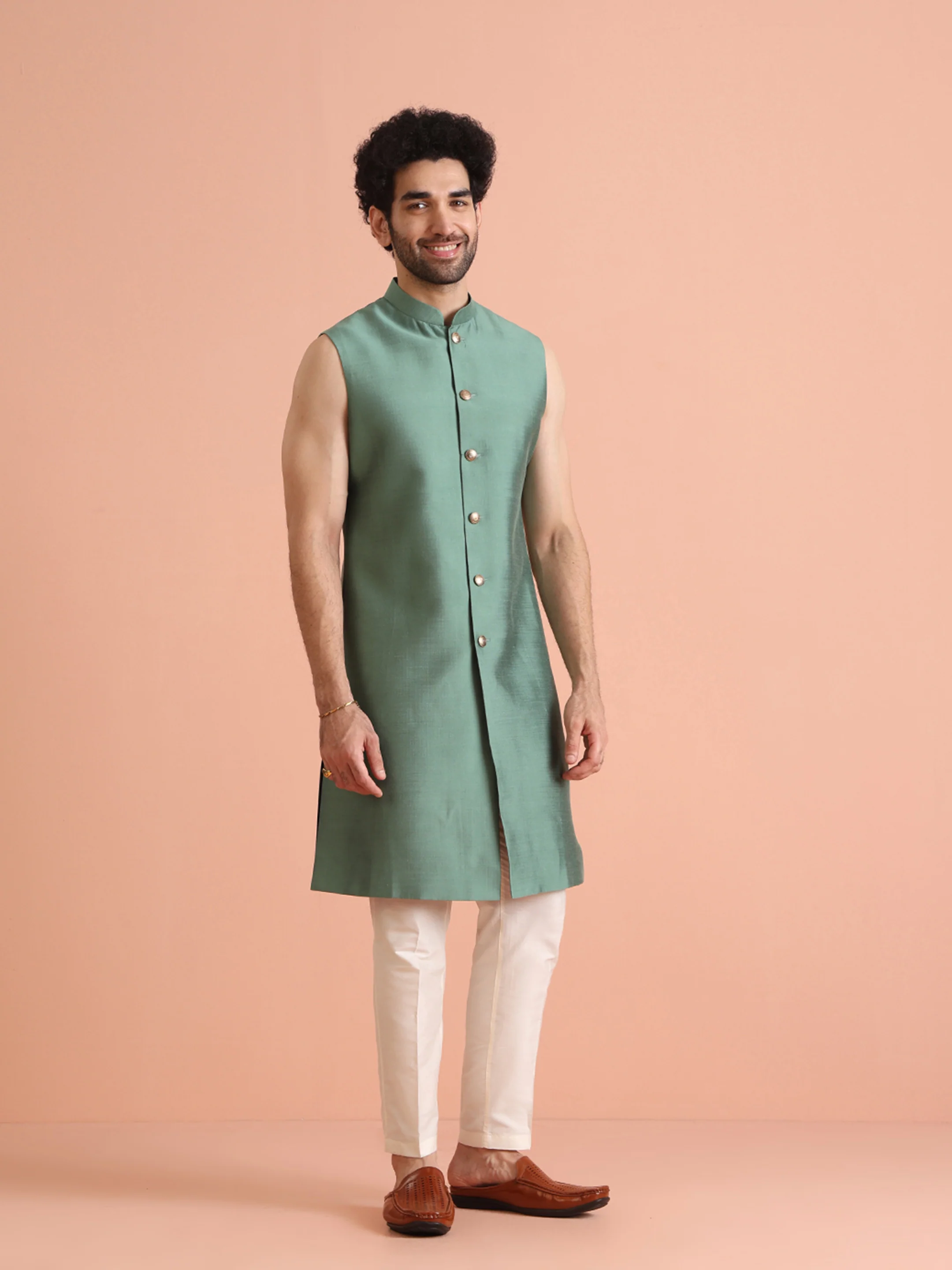 Mint Green Silk Blend Textured Sherwani Trouser Set - Image 8