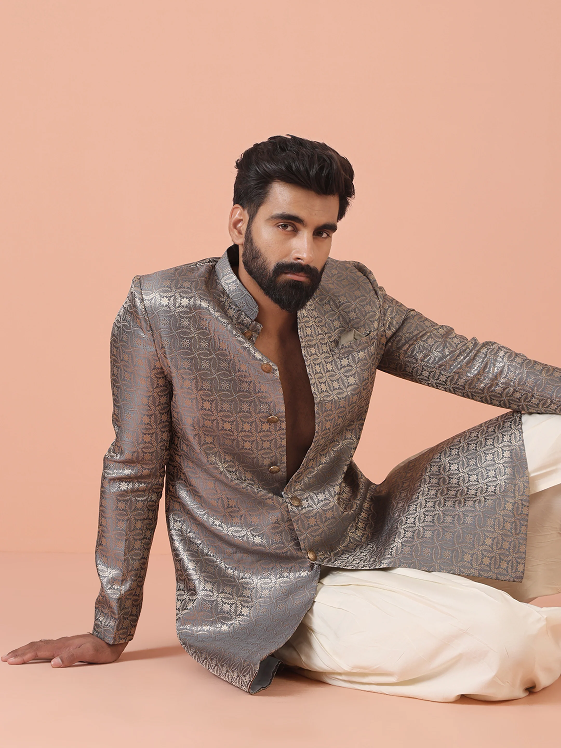 Men Grey Jacquard Indowestern Dhoti Set - Image 7