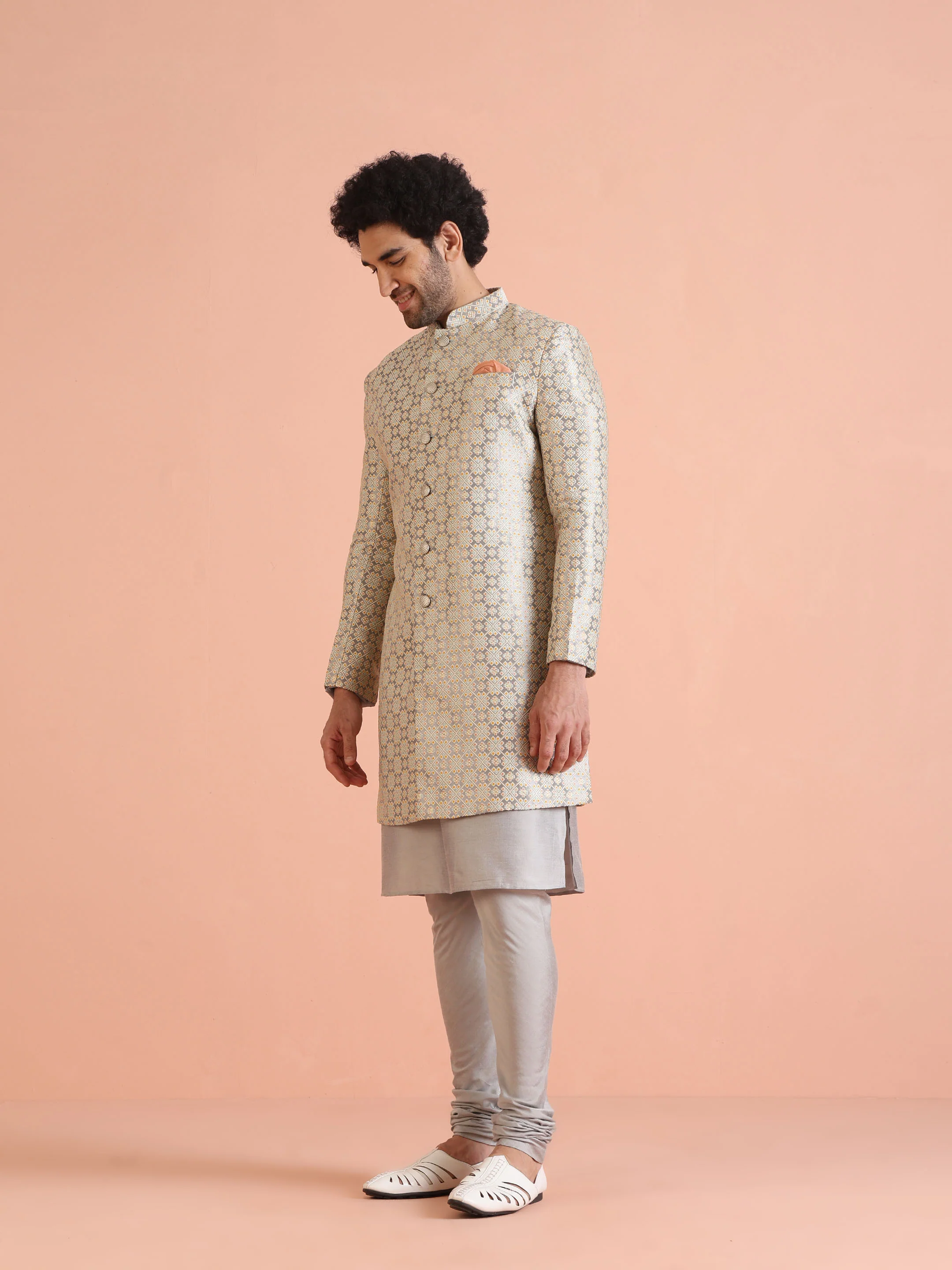 Beige Art Silk Embroidered Sherwani Achkan Set - Image 2