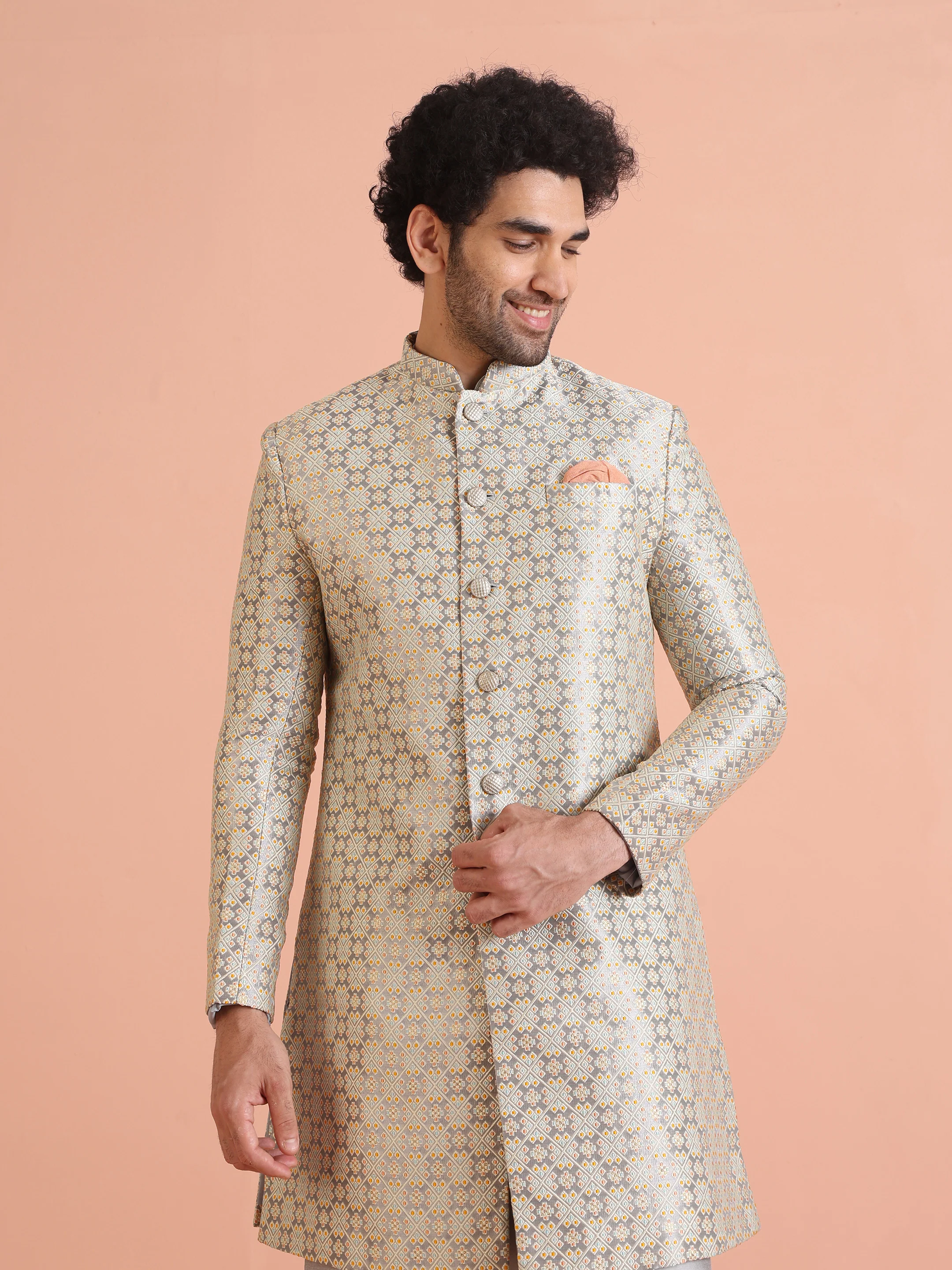 Beige Art Silk Embroidered Sherwani Achkan Set - Image 8