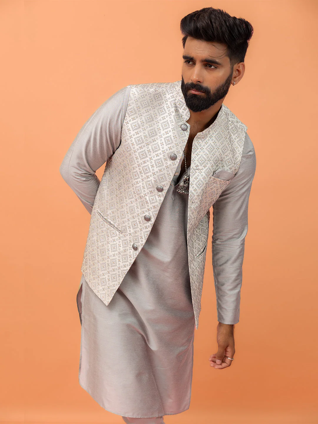 Grey Jacquard Jacket Kurta Churidar Set - Image 10
