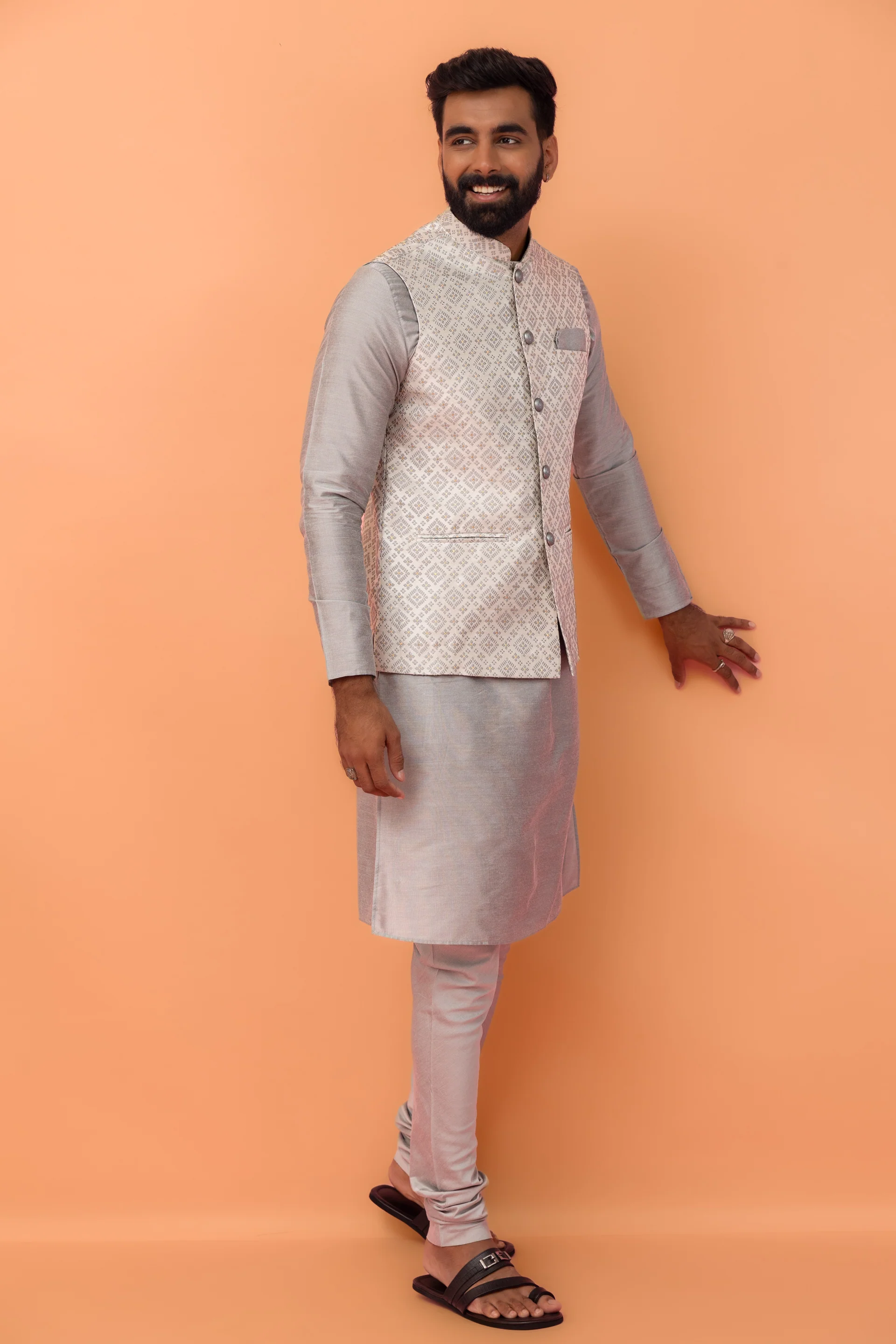 Grey Jacquard Jacket Kurta Churidar Set - Image 5