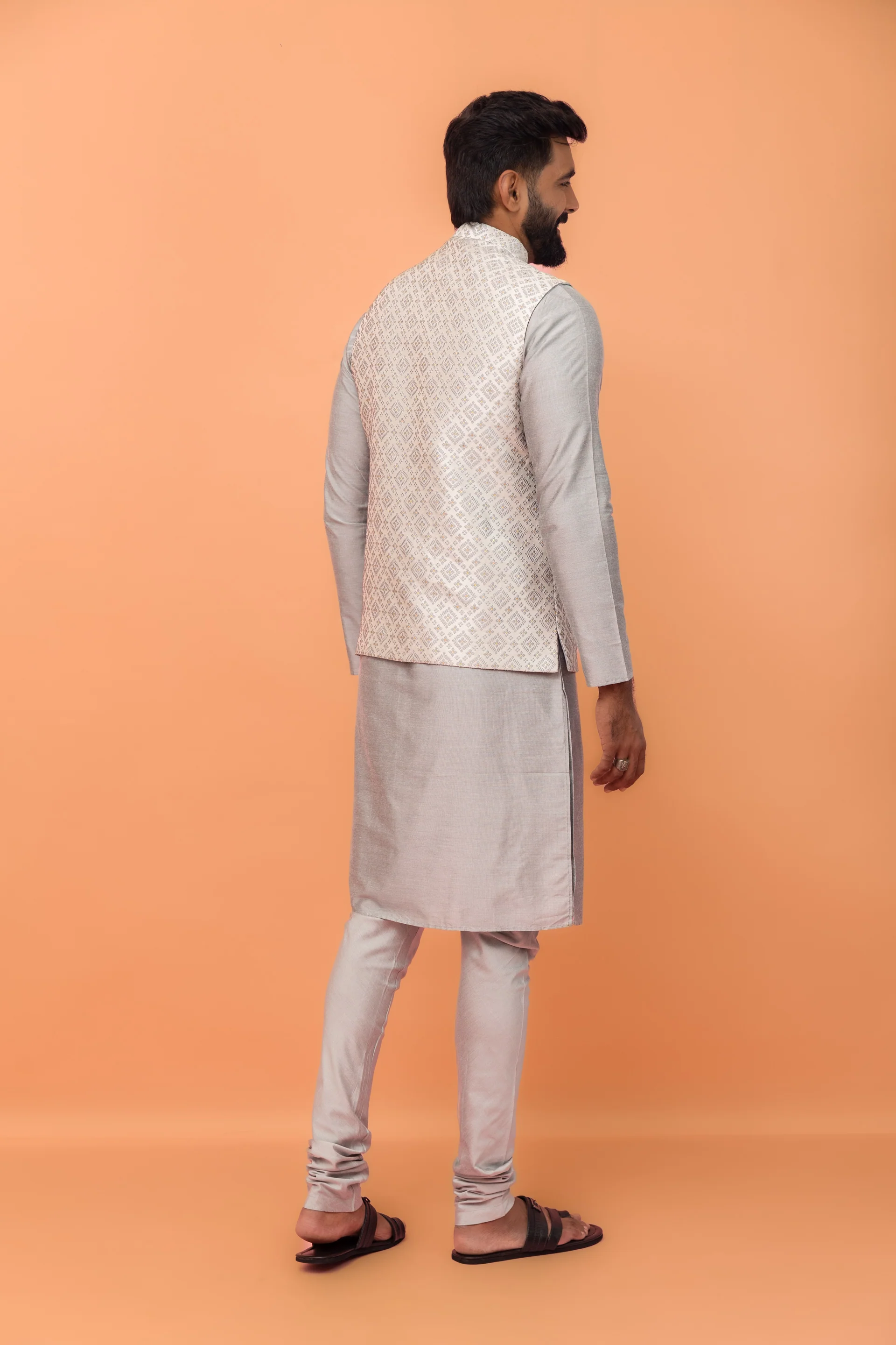 Grey Jacquard Jacket Kurta Churidar Set - Image 6
