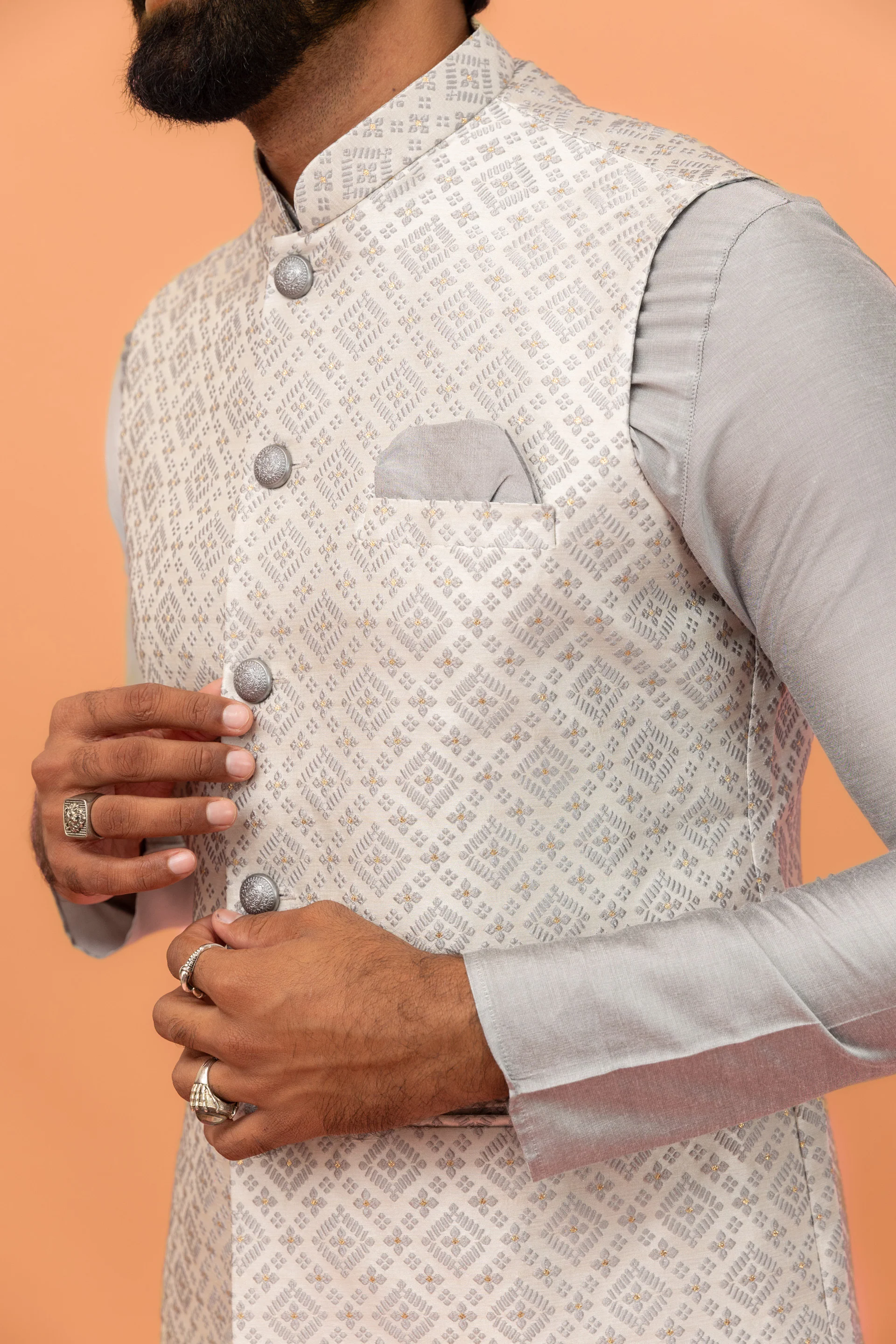 Grey Jacquard Jacket Kurta Churidar Set - Image 7