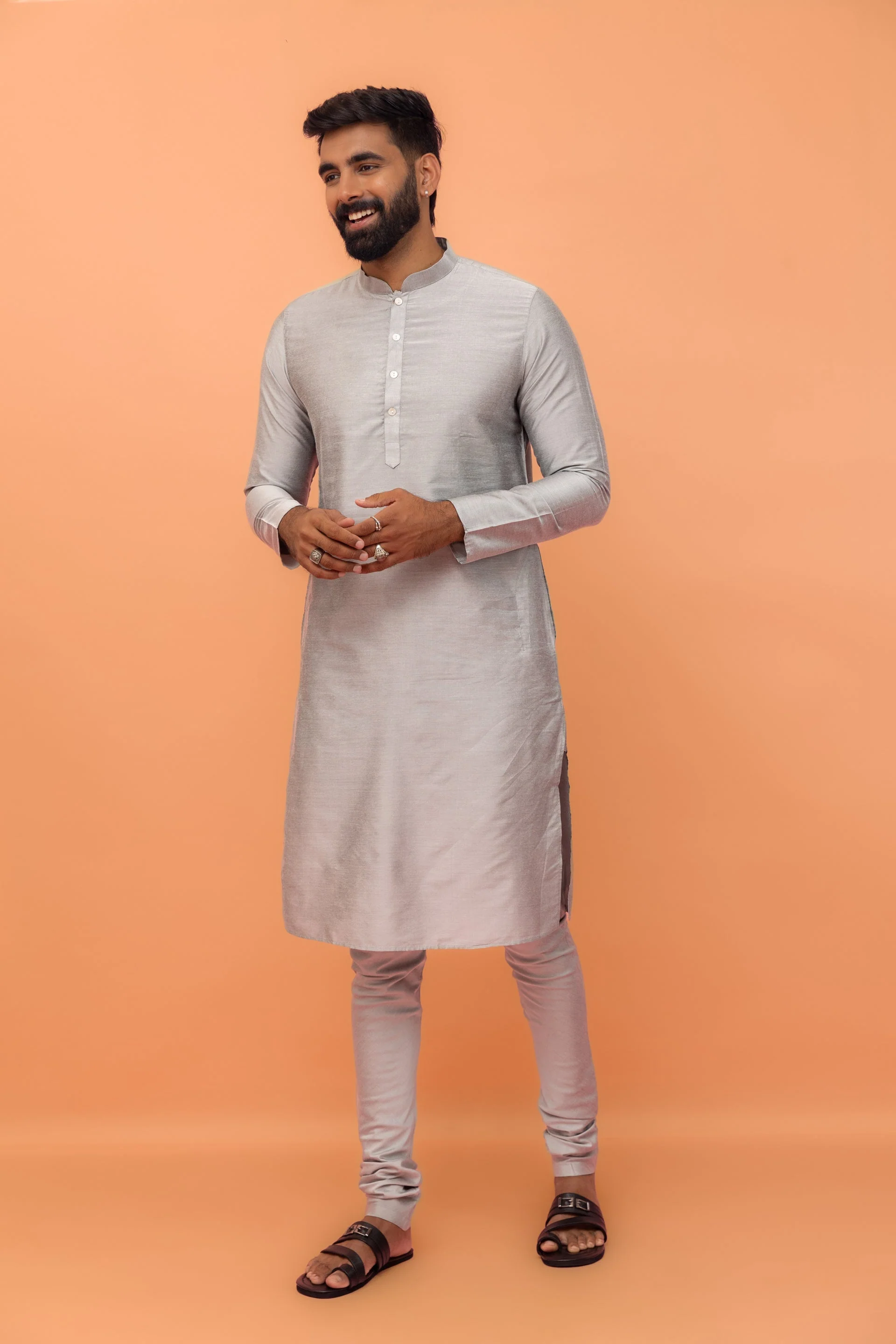 Grey Jacquard Jacket Kurta Churidar Set - Image 9