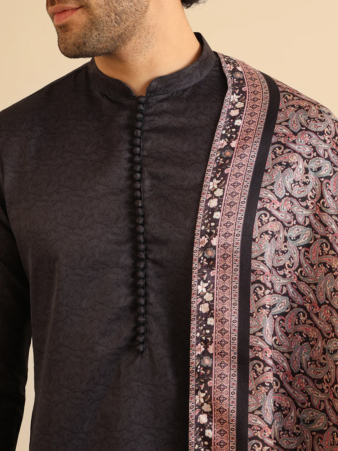 Men Grey Kurta Churidar Dupatta Set - Image 6