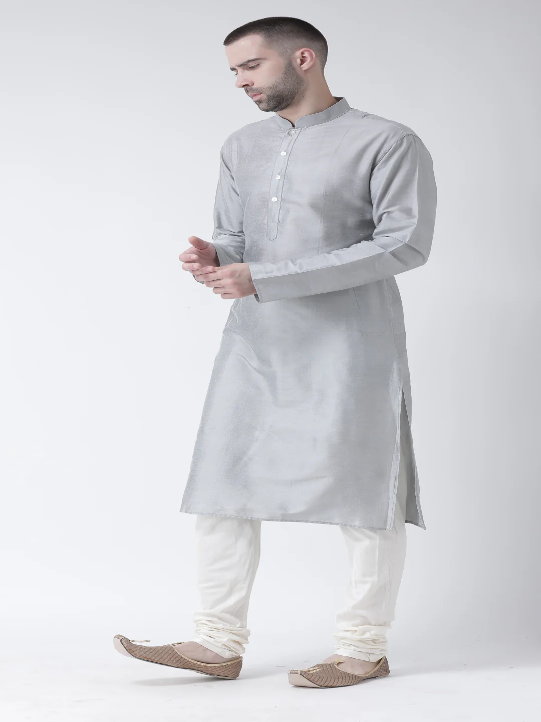 Grey Cotton Silk Solid Kurta Churidar Set - Image 3