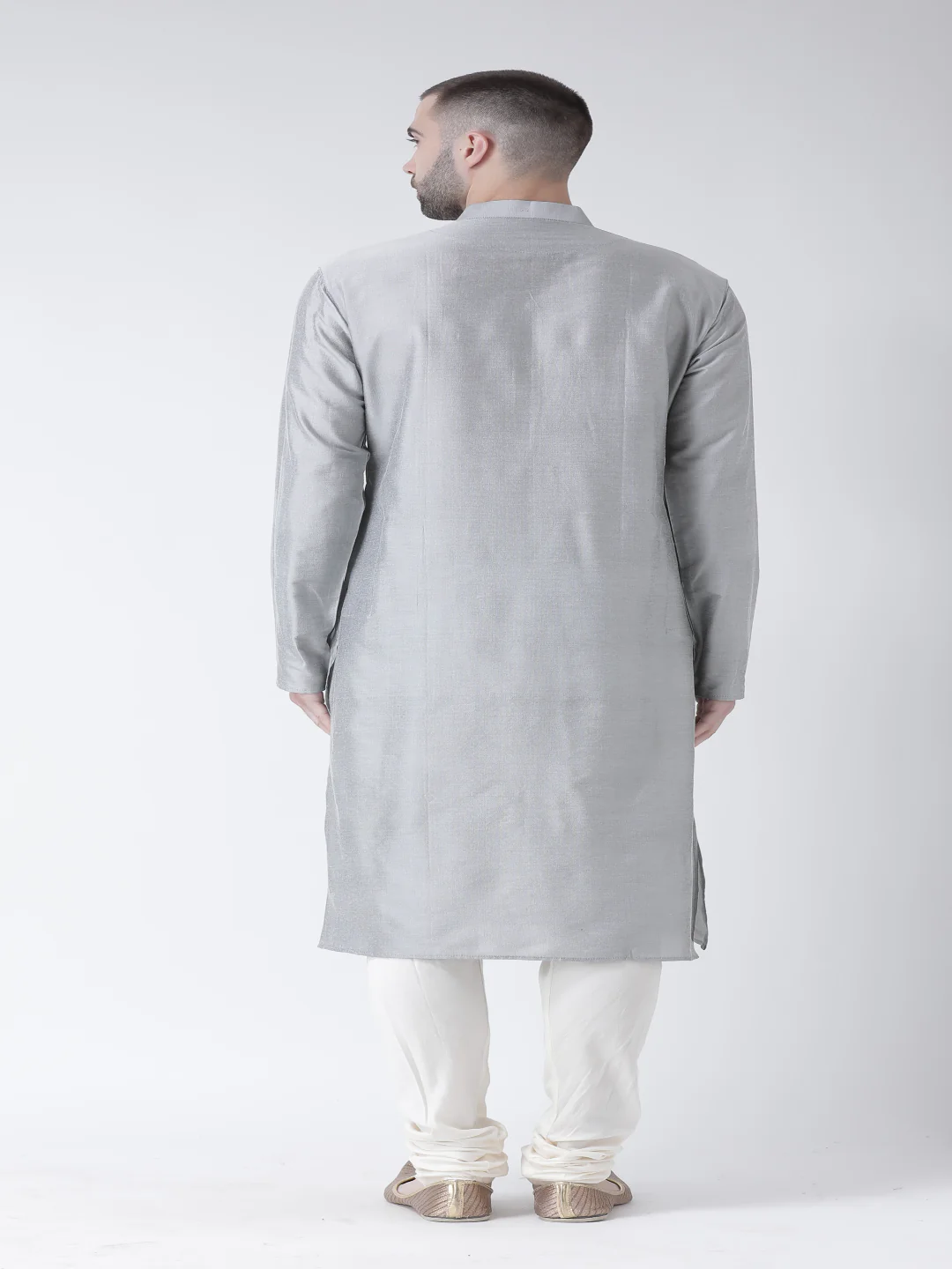 Grey Cotton Silk Solid Kurta Churidar Set - Image 4