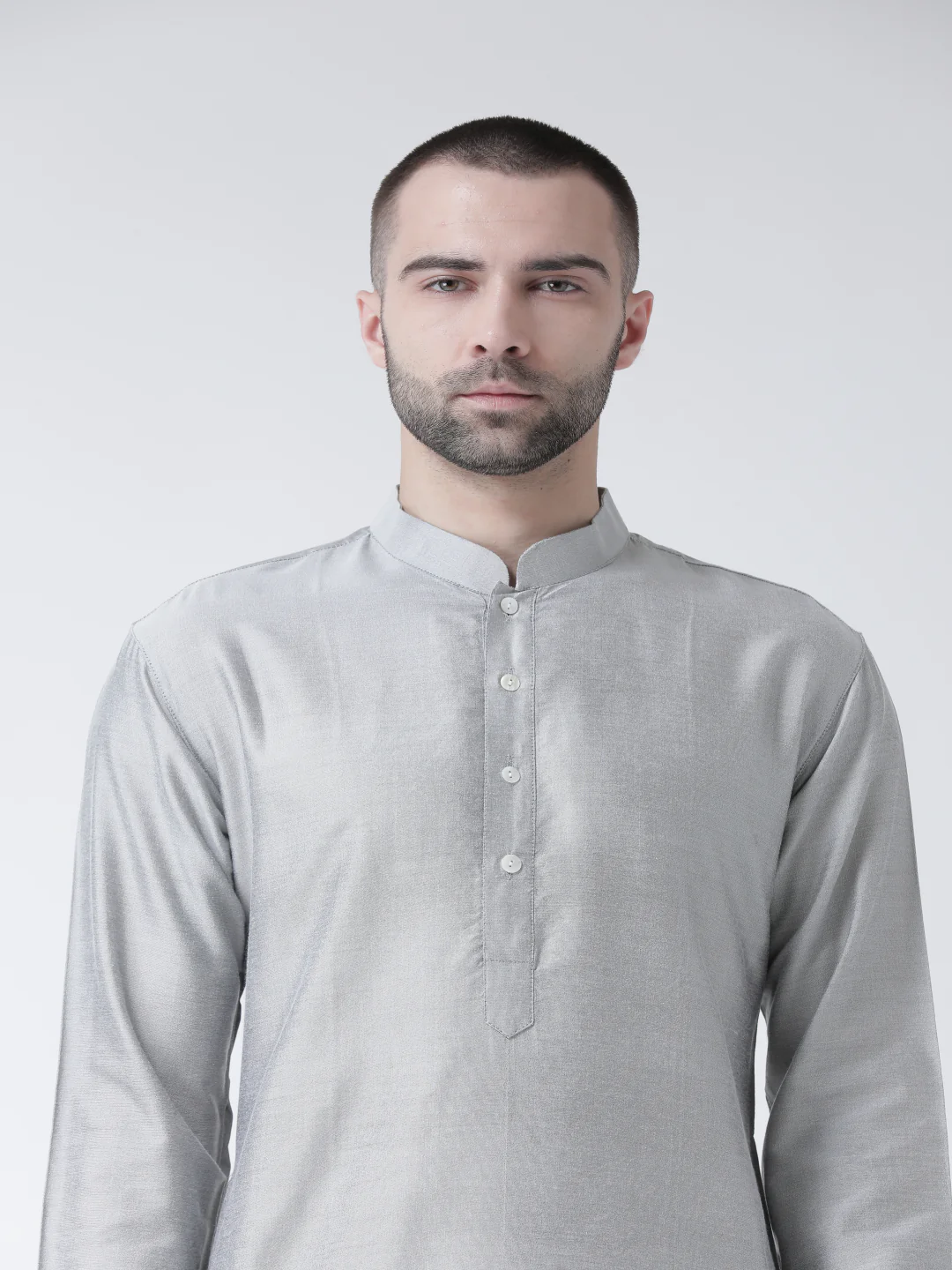 Grey Cotton Silk Solid Kurta Churidar Set - Image 5