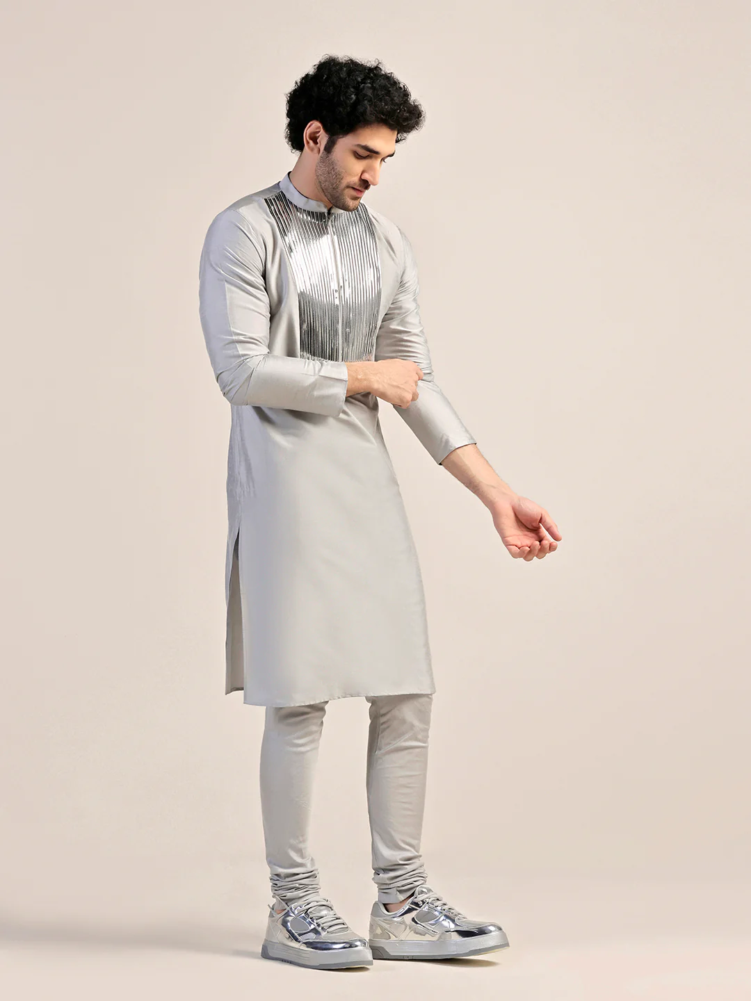 Men Grey Kurta Churidar Set - Image 2