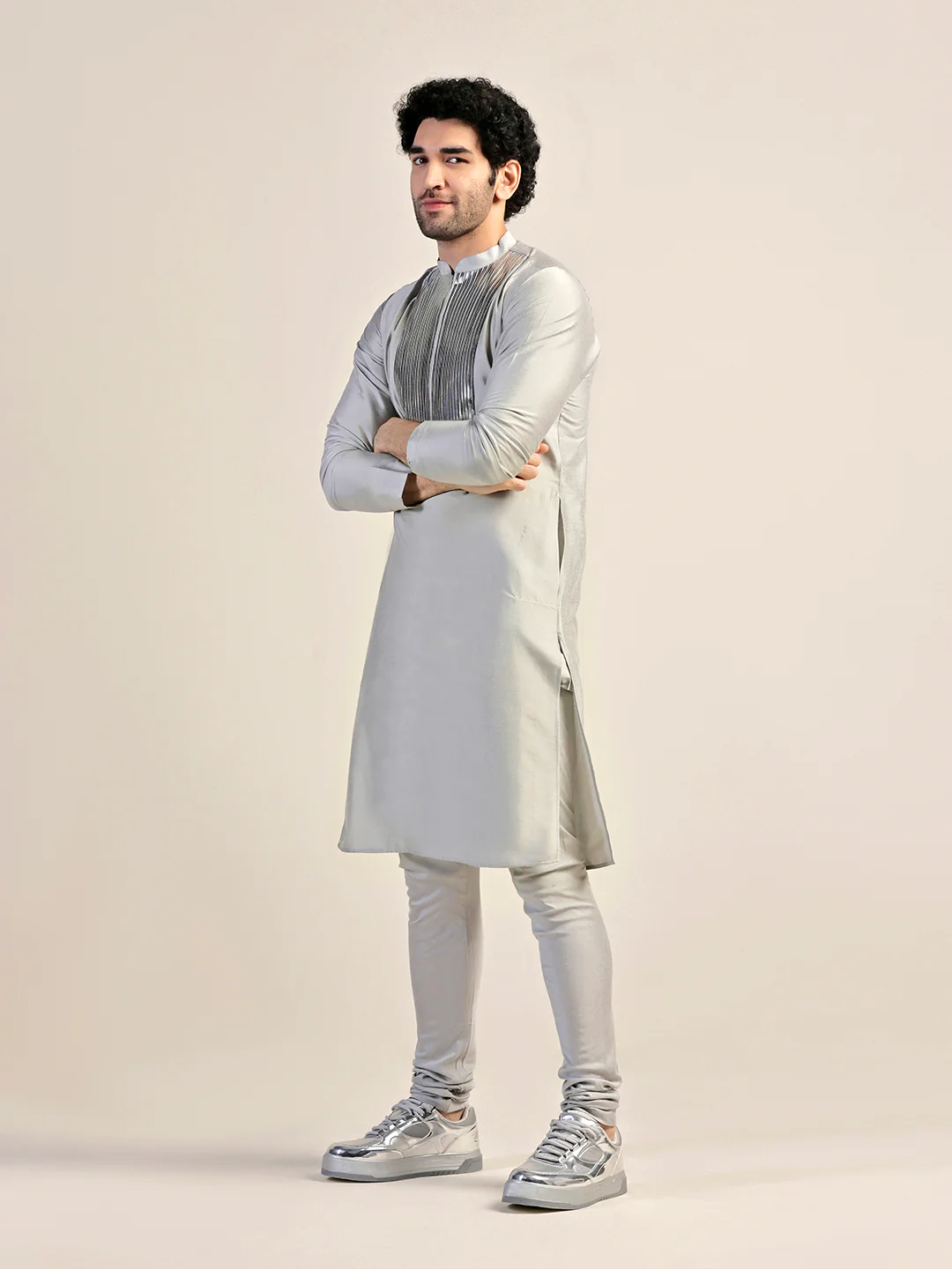 Men Grey Kurta Churidar Set - Image 3