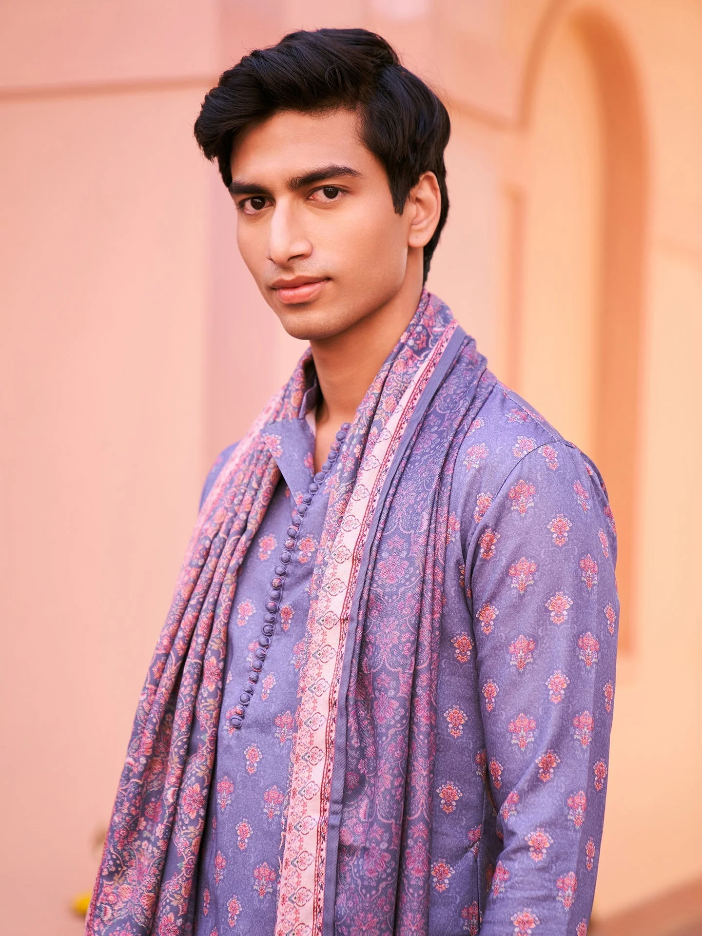 Grey Silk Printed Kurta Churidar with Dupatta - Image 11