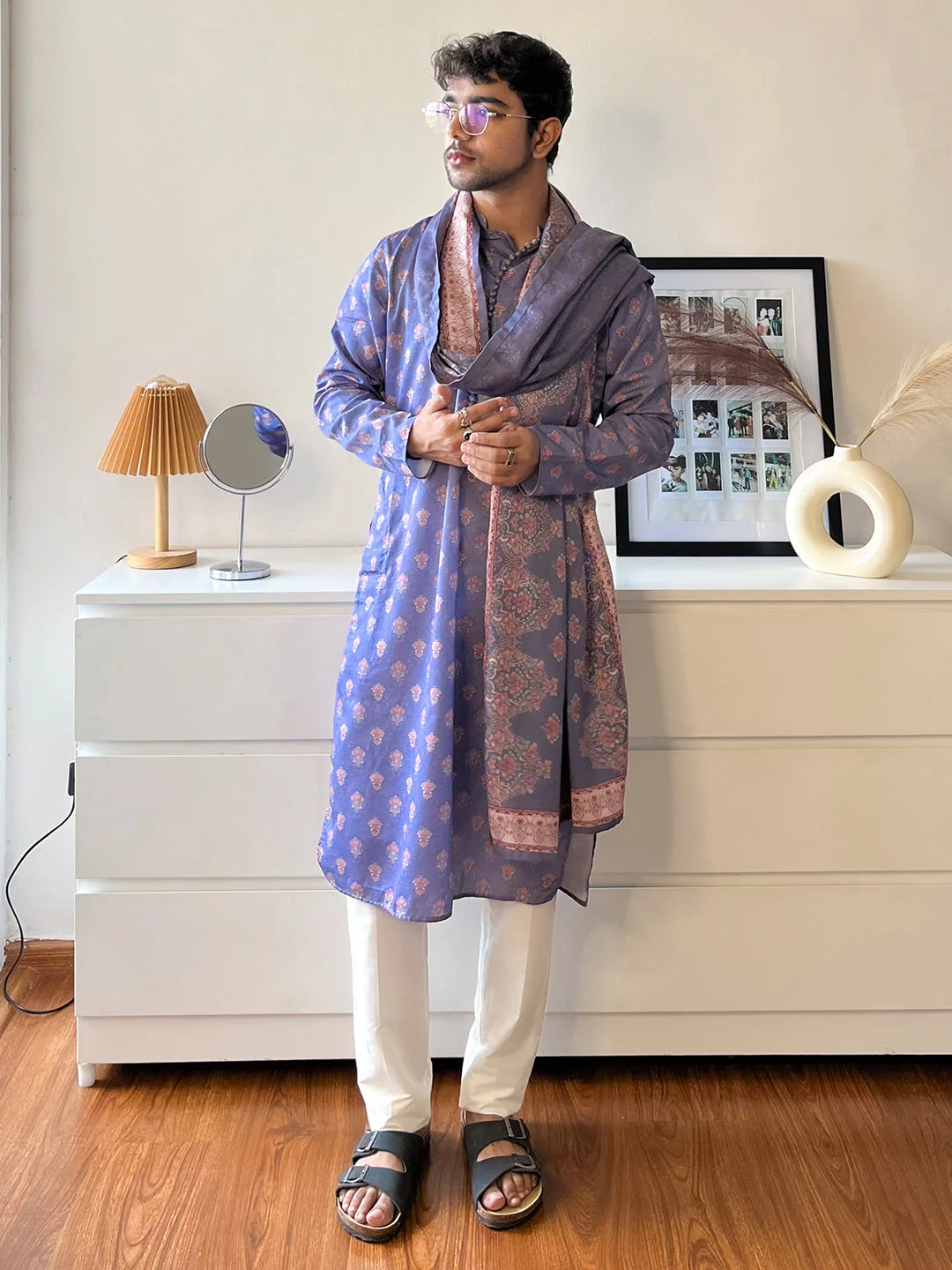 Grey Silk Printed Kurta Churidar with Dupatta - Image 12