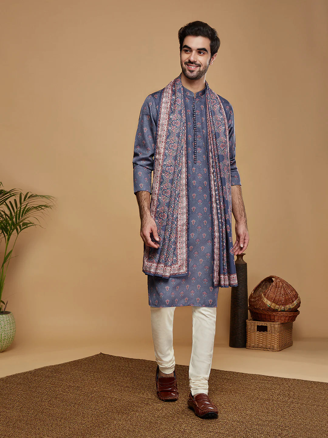 Grey Silk Printed Kurta Churidar with Dupatta - Image 2