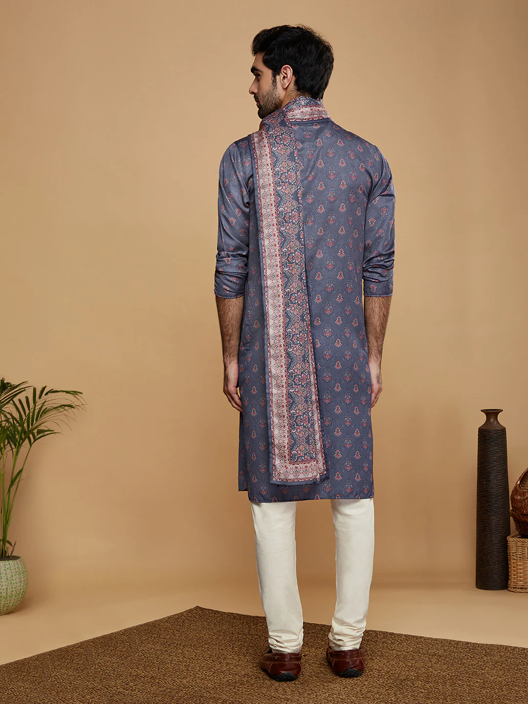 Grey Silk Printed Kurta Churidar with Dupatta - Image 4