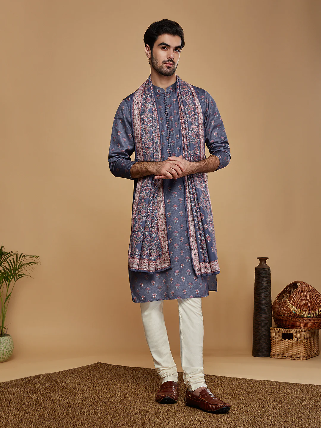 Grey Silk Printed Kurta Churidar with Dupatta - Image 8