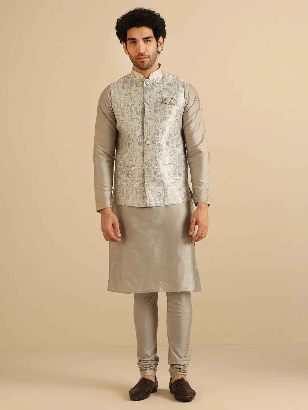 Grey Jacquard Nehru Jacket Kurta Set - Image 2