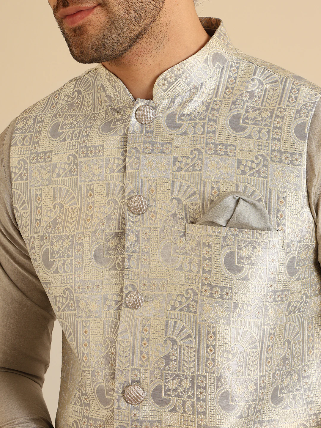 Grey Jacquard Nehru Jacket Kurta Set - Image 6