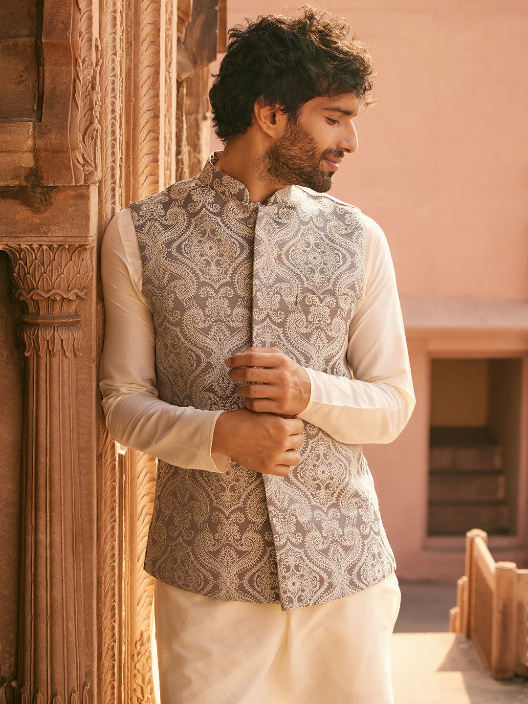 Beige Textured Jacket Cream Kurta Churidar Set - Image 11
