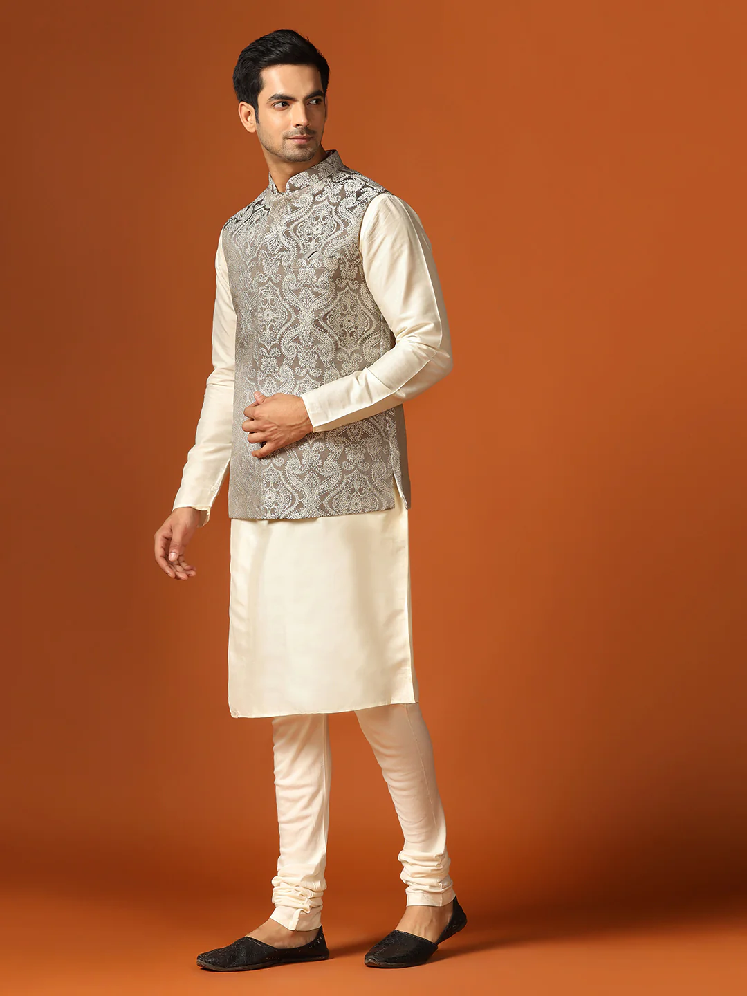 Beige Textured Jacket Cream Kurta Churidar Set - Image 3