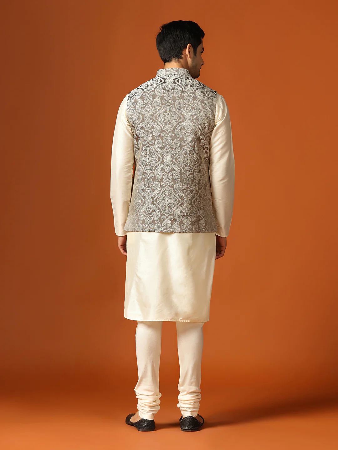 Beige Textured Jacket Cream Kurta Churidar Set - Image 4