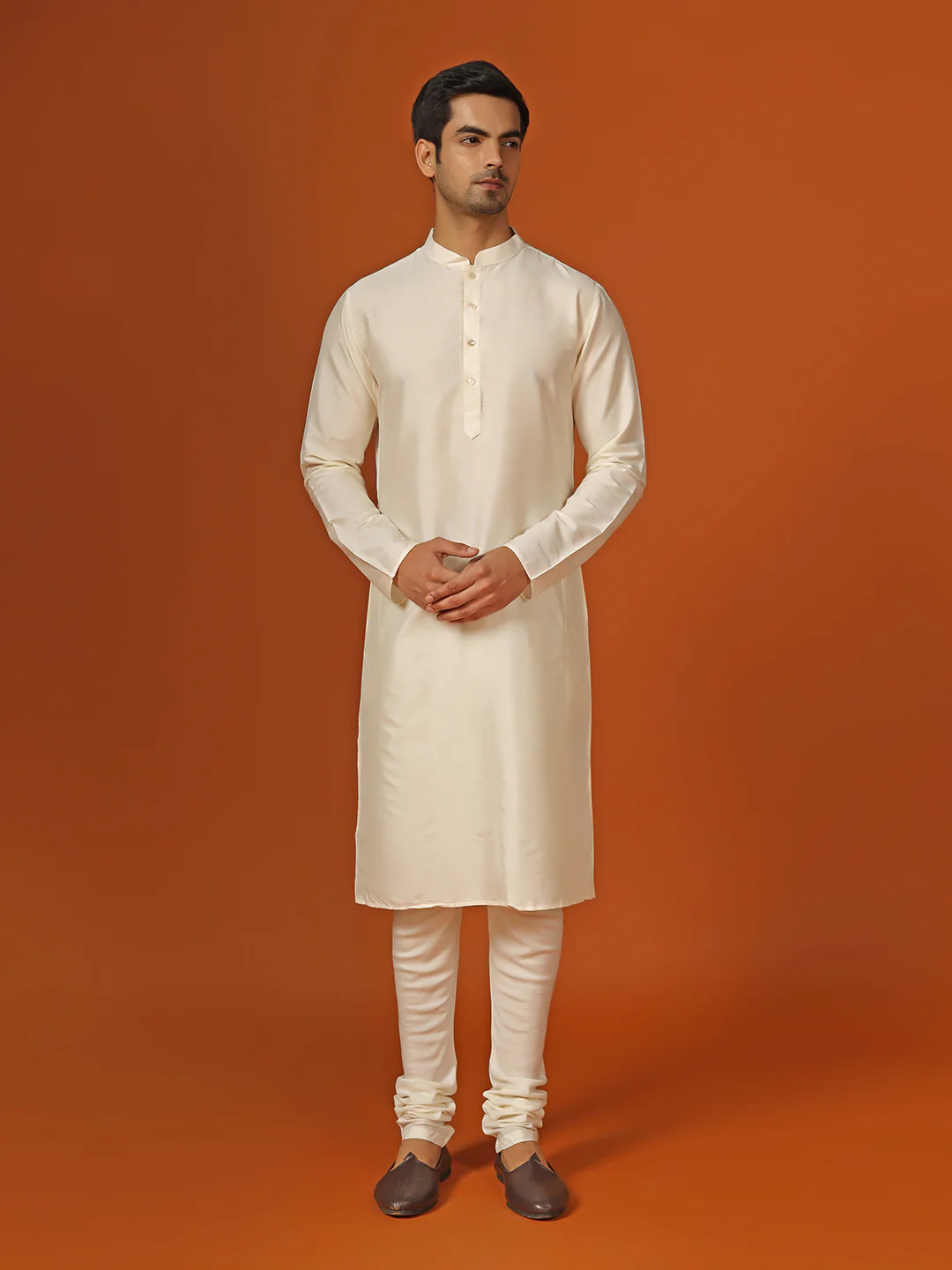 Beige Textured Jacket Cream Kurta Churidar Set - Image 5