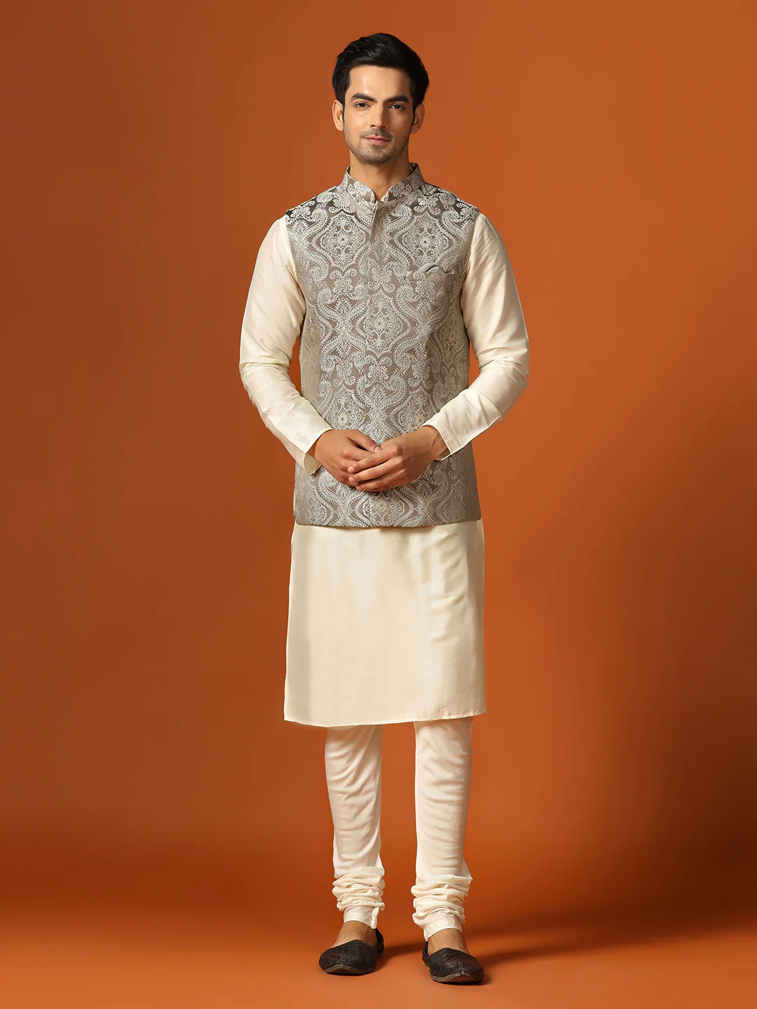 Beige Textured Jacket Cream Kurta Churidar Set - Image 9