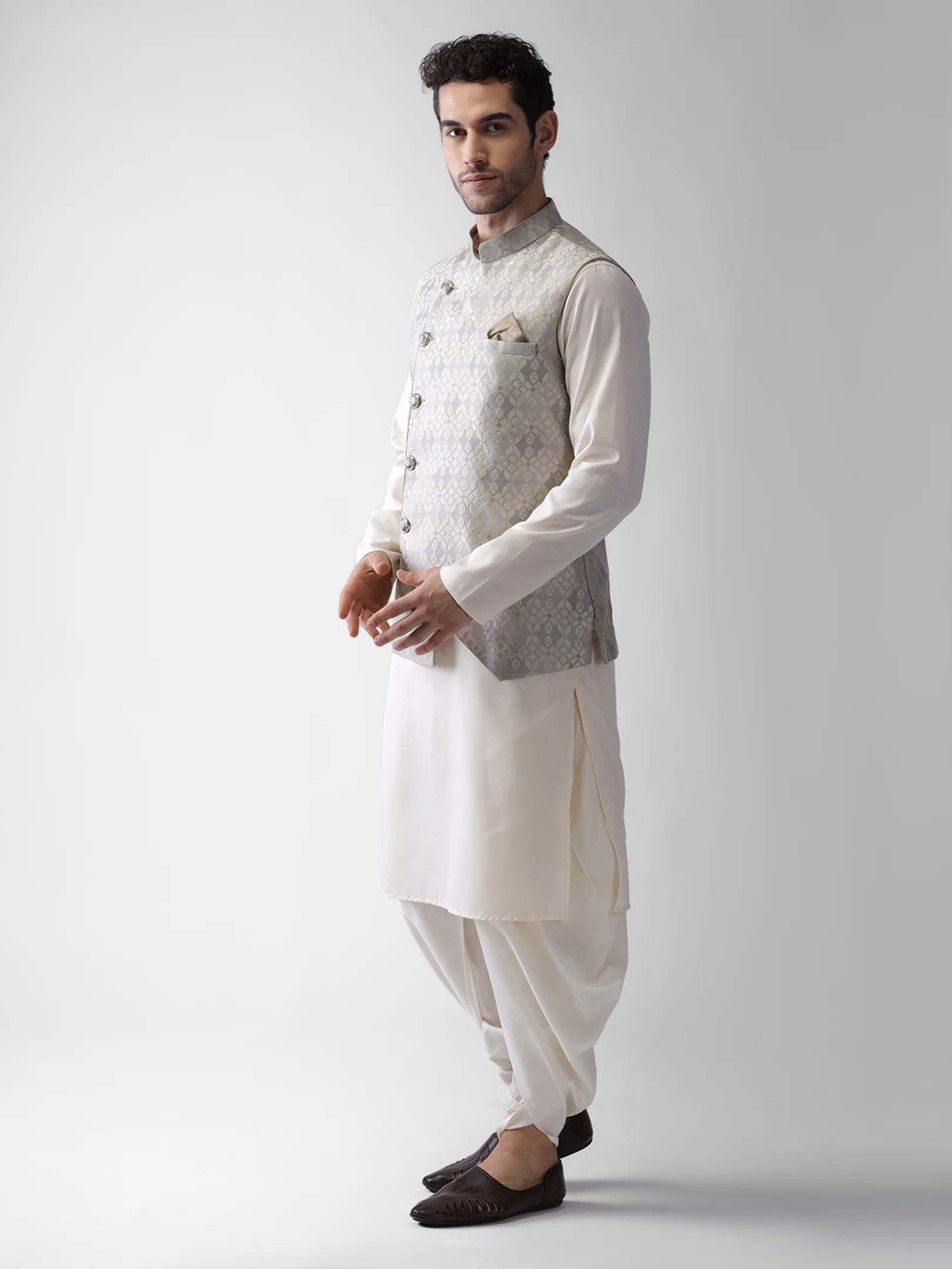 Kisah Men Grey Kurta Jacket Dhoti  Set - Image 2
