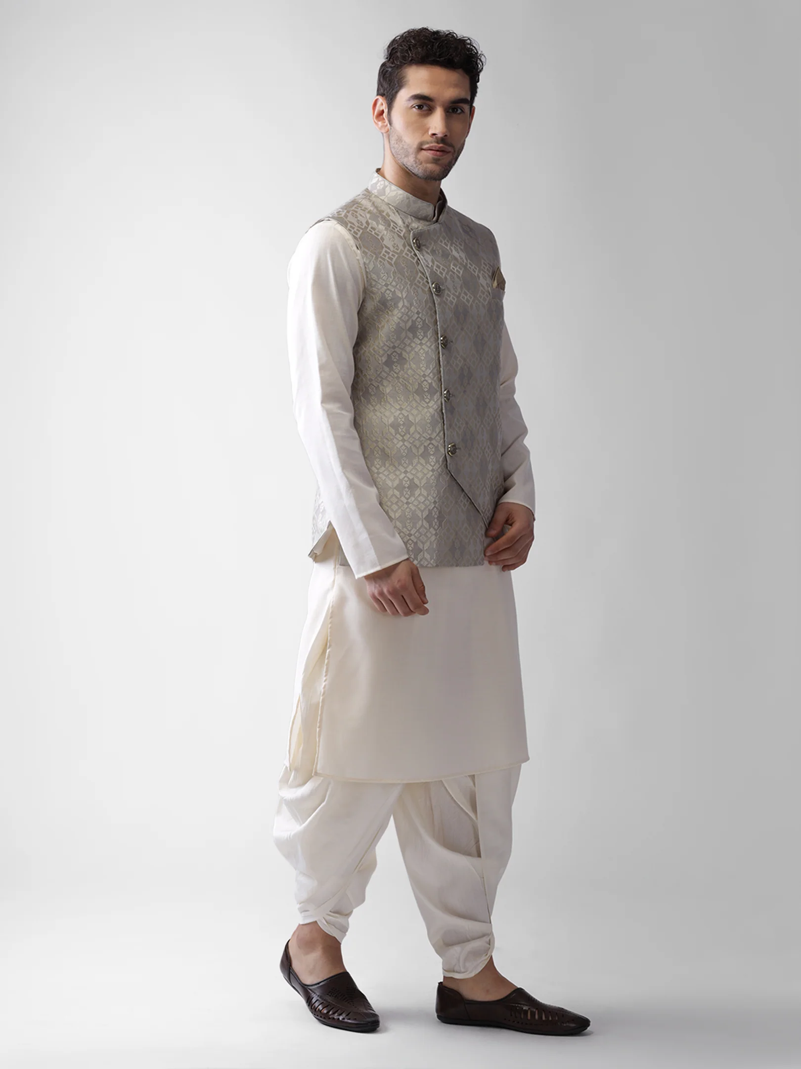 Kisah Men Grey Kurta Jacket Dhoti  Set - Image 3