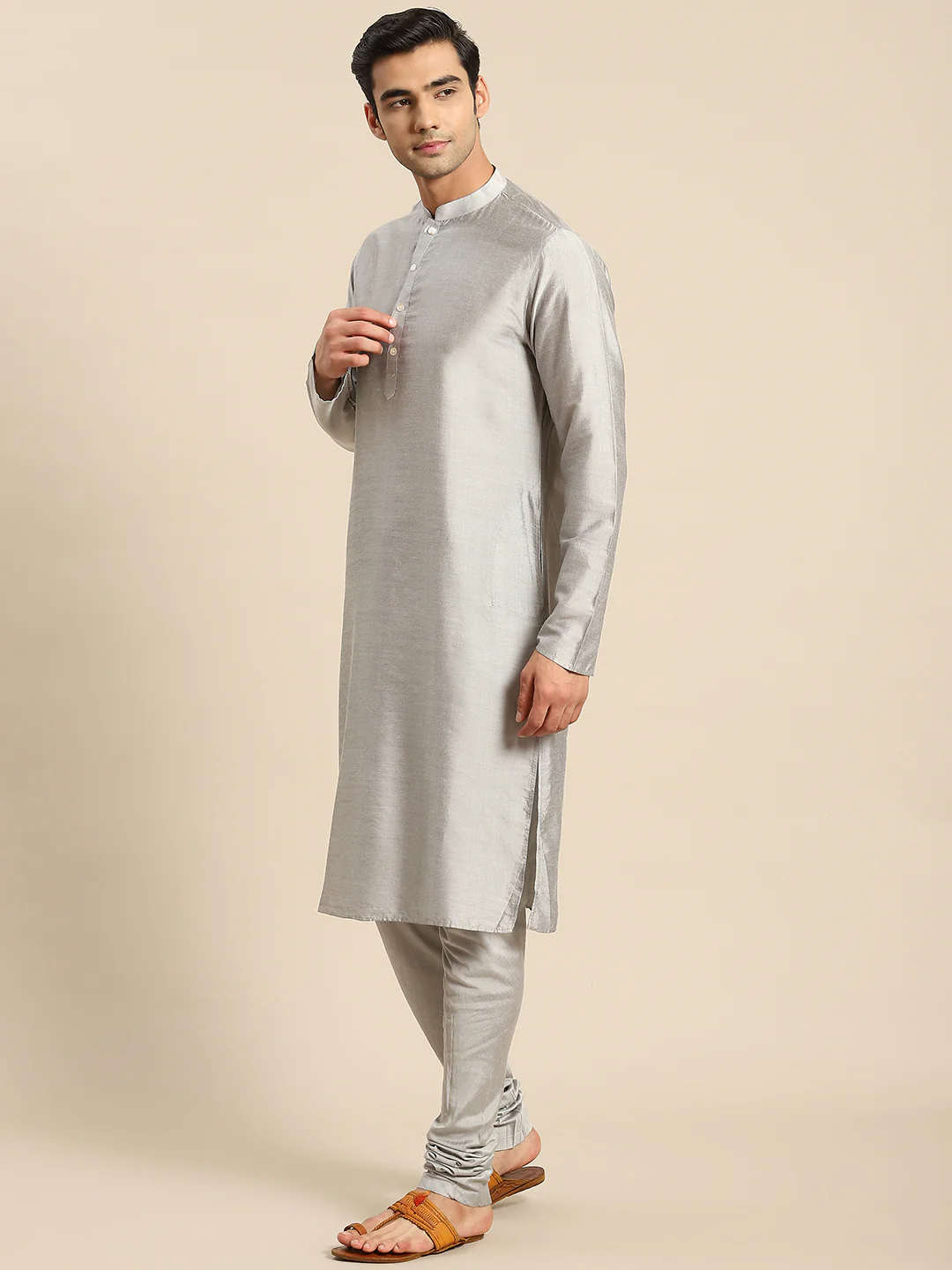 Men Grey Kurta Jacket Set - Image 3