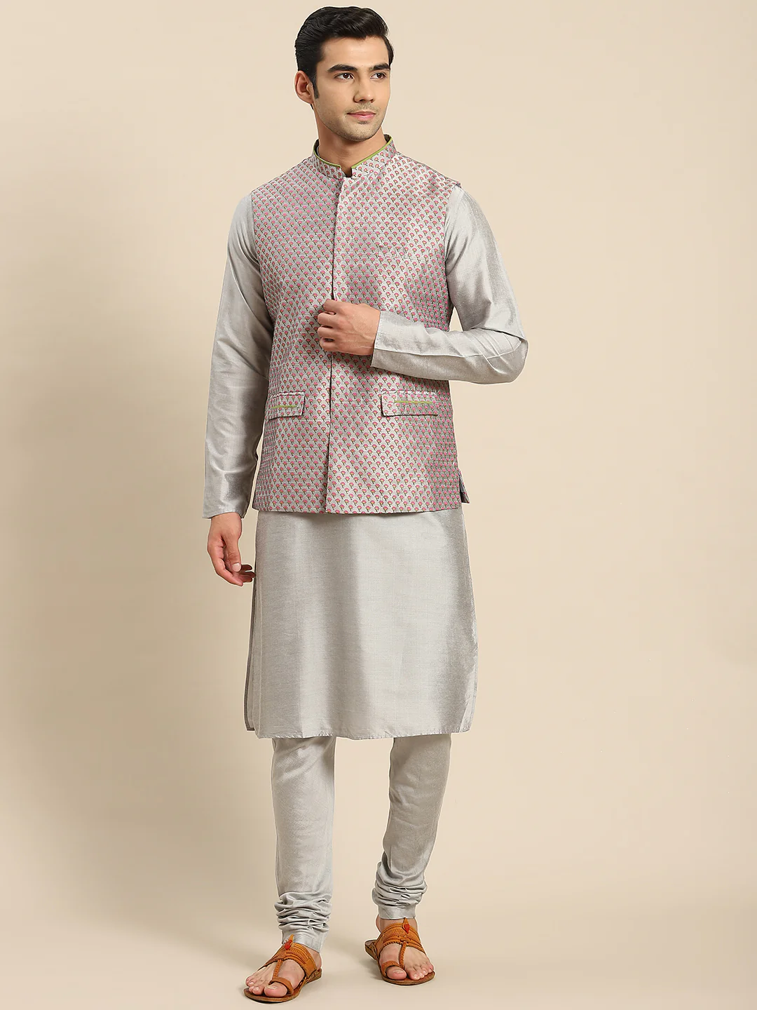 Men Grey Kurta Jacket Set - Image 7