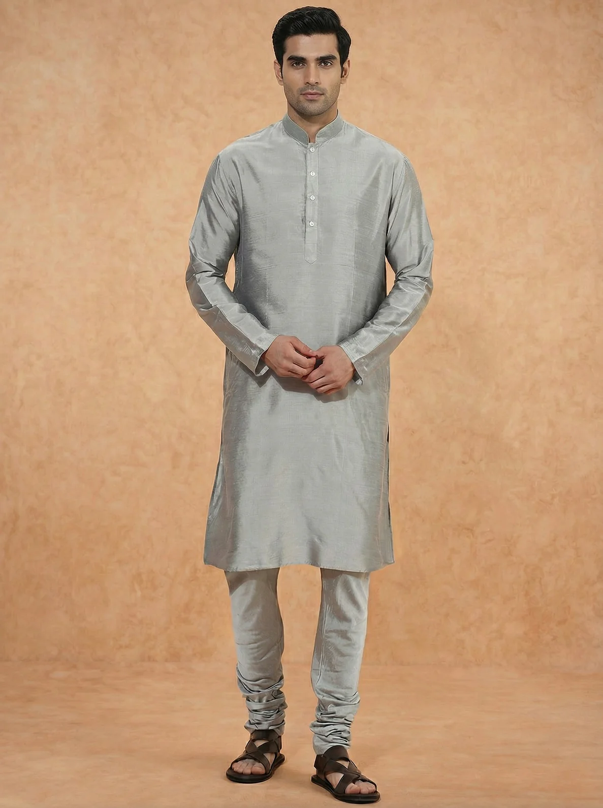 Grey Solid Silk Blend Kurta - Image 2