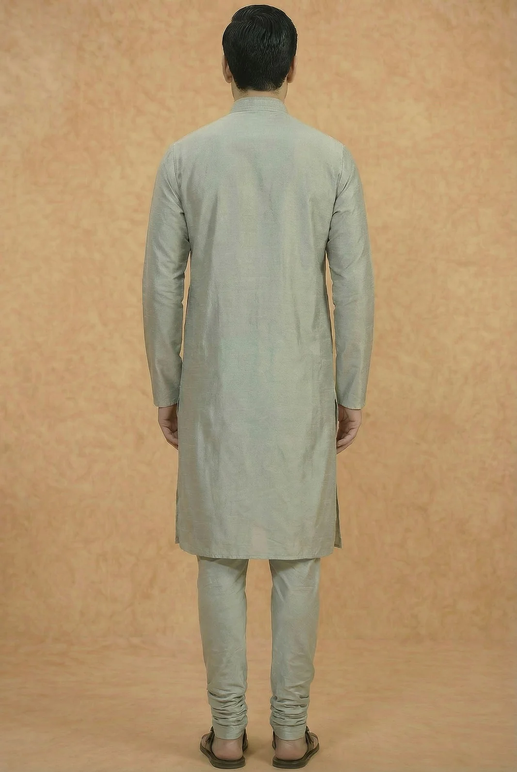 Grey Solid Silk Blend Kurta - Image 4