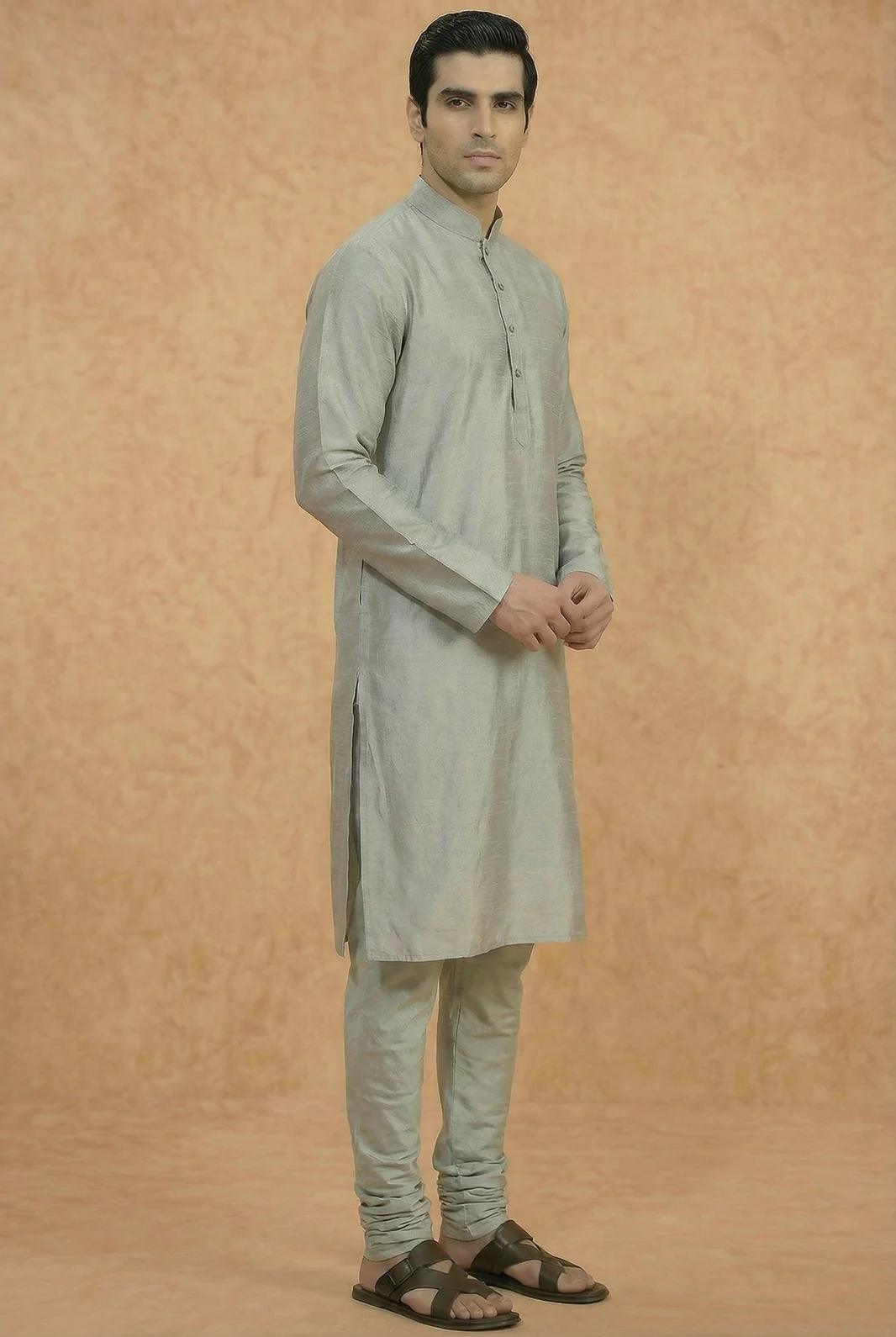 Grey Solid Silk Blend Kurta - Image 6