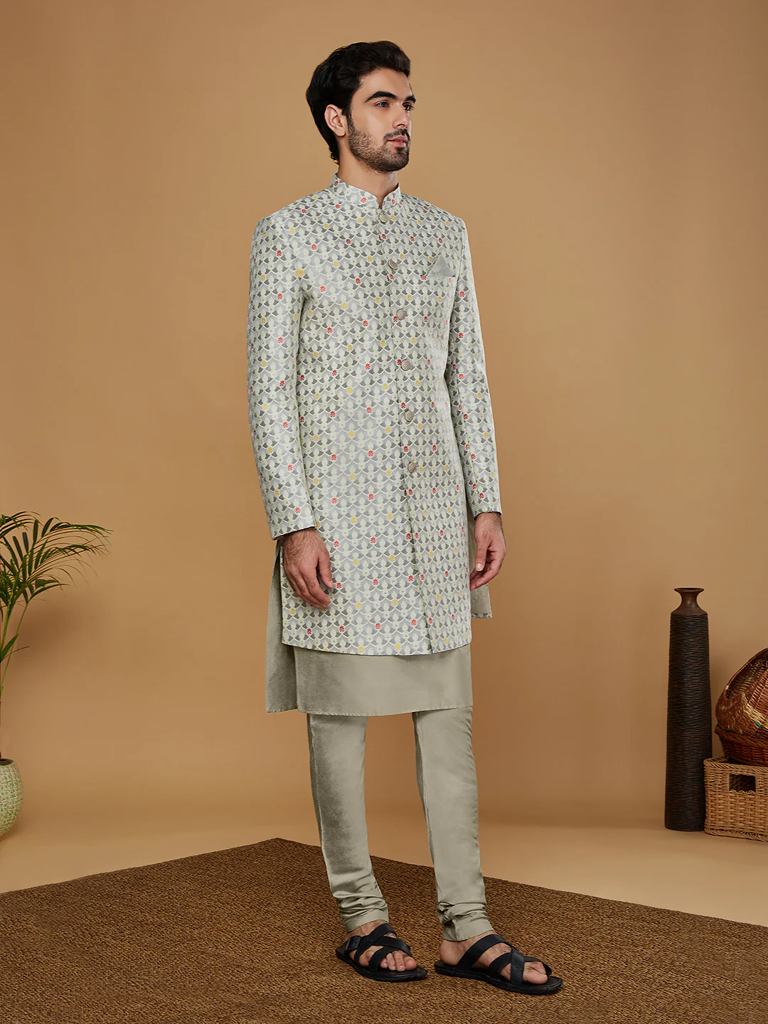 Men Grey Kurta Sherwani Churidar Set - Image 2