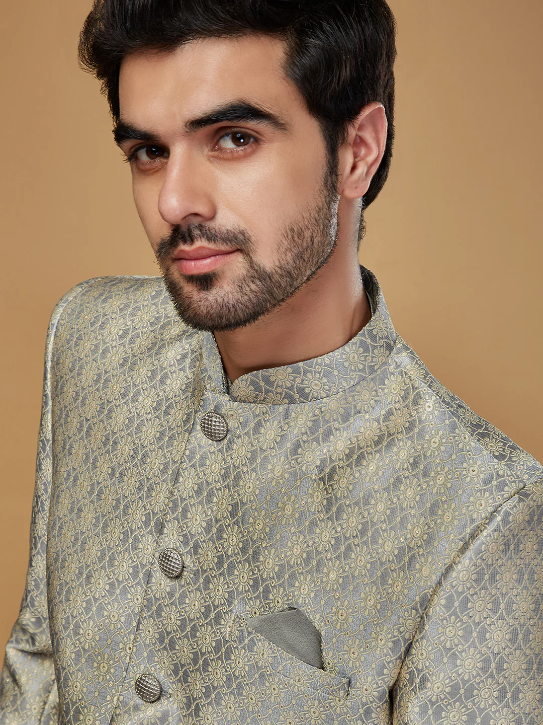 Men Grey Kurta Sherwani Churidar Set - Image 5