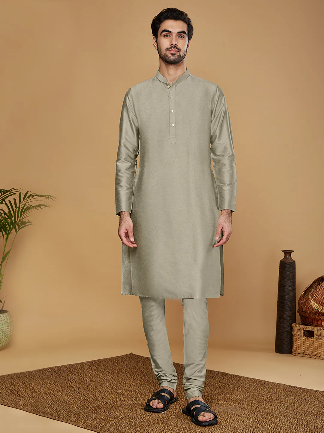 Men Grey Kurta Sherwani Churidar Set - Image 6