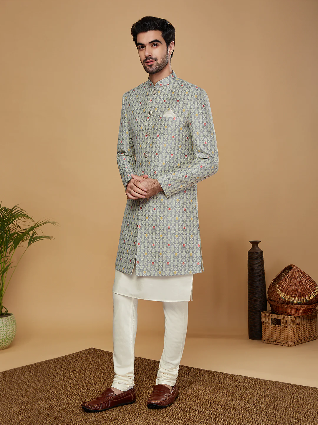 Kisah Men Grey Kurta Sherwani Churidar Set - Image 2