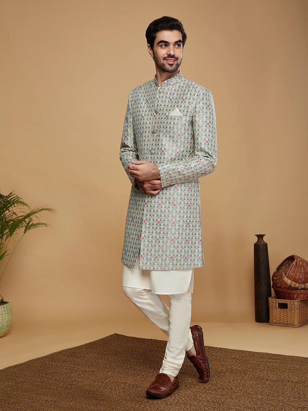 Kisah Men Grey Kurta Sherwani Churidar Set - Image 3