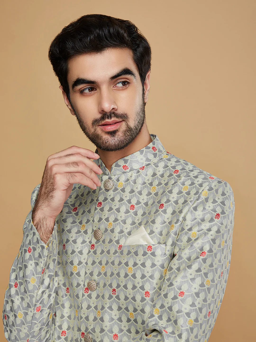 Kisah Men Grey Kurta Sherwani Churidar Set - Image 6