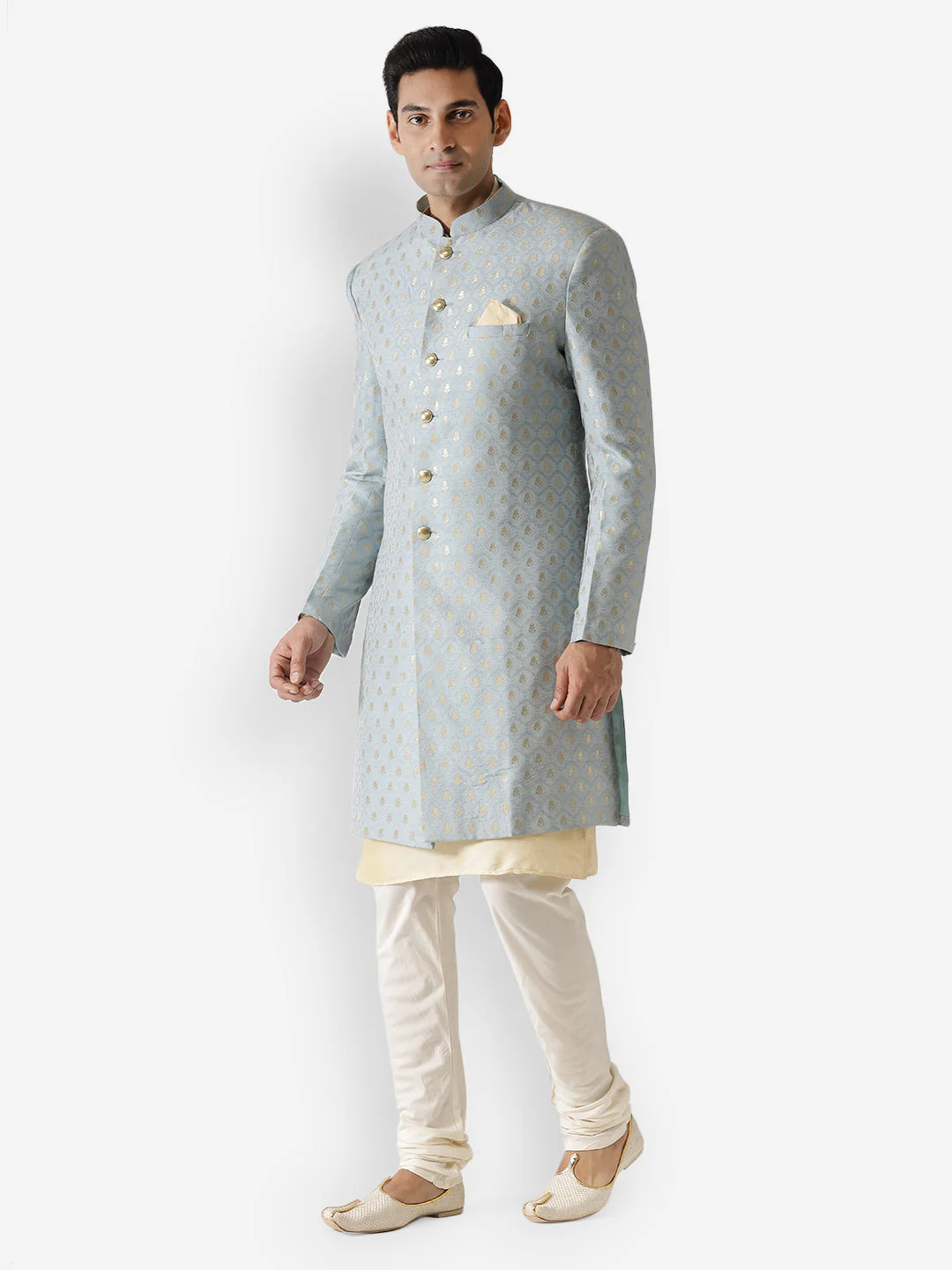 Men Blue Textured Kurta Indowestern Churidar Set - Image 10