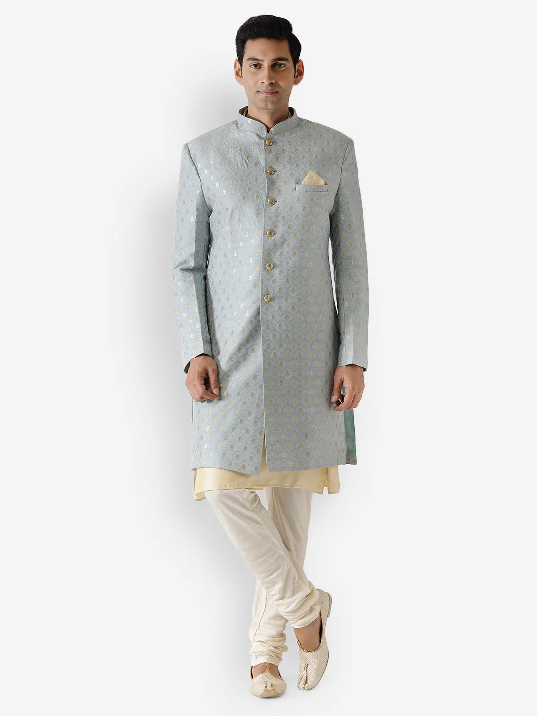 Men Blue Textured Kurta Indowestern Churidar Set - Image 8