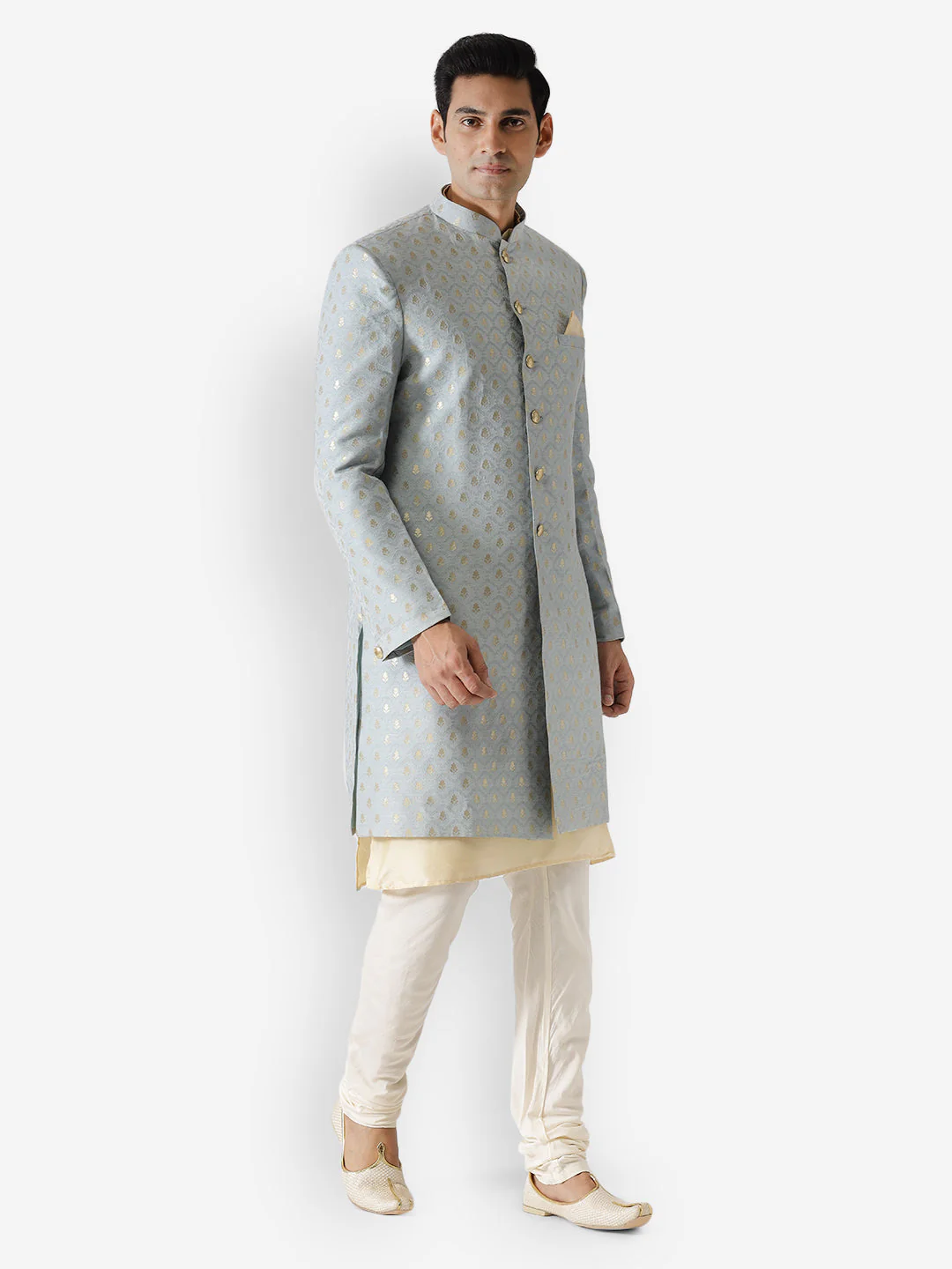 Men Blue Textured Kurta Indowestern Churidar Set - Image 9