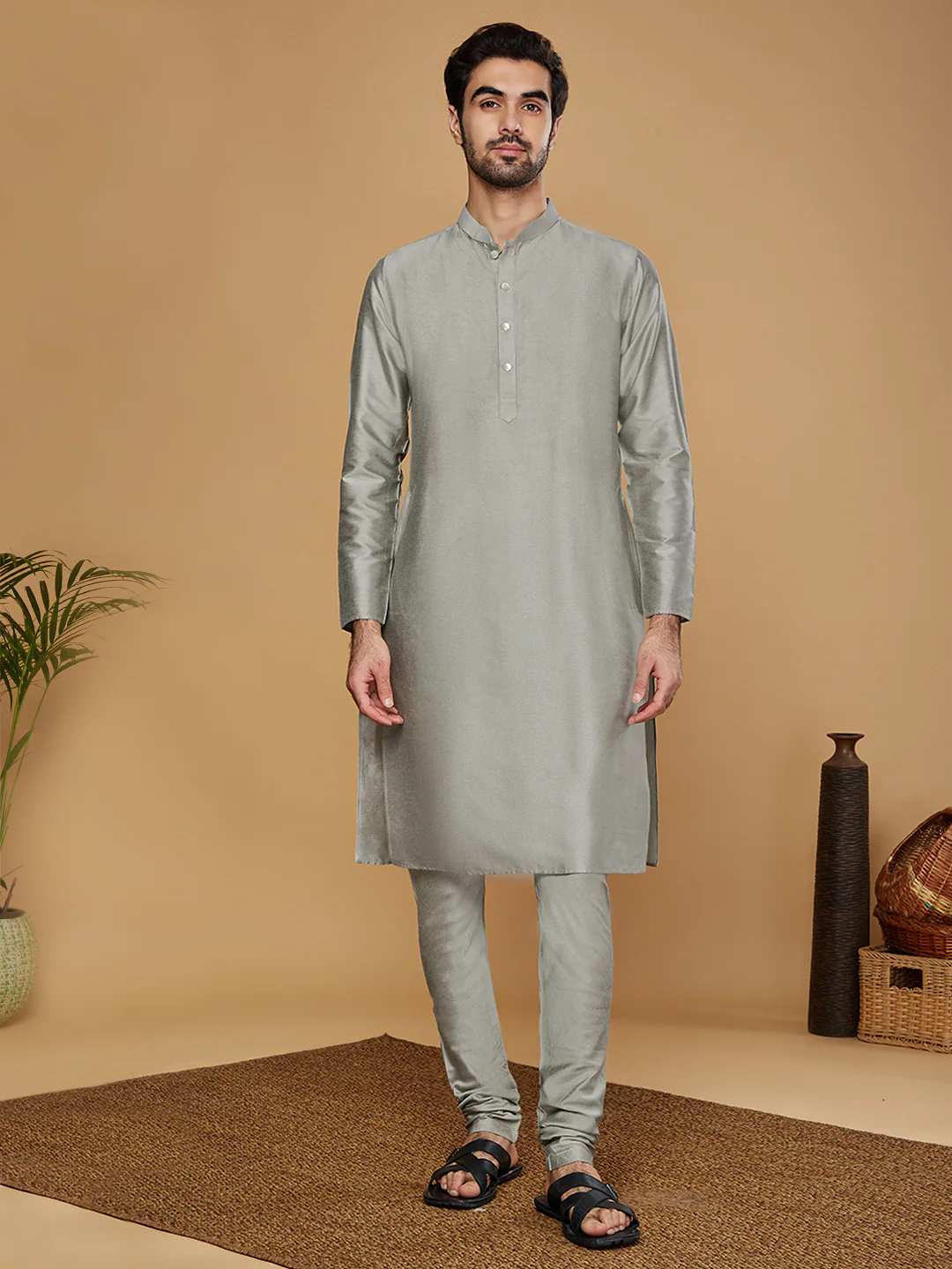 Men Grey Kurta Sherwani Churidar Set - Image 6