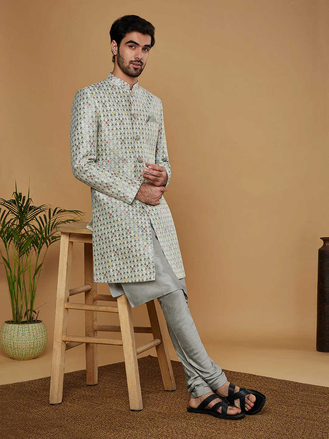Men Grey Kurta Sherwani Churidar Set - Image 8