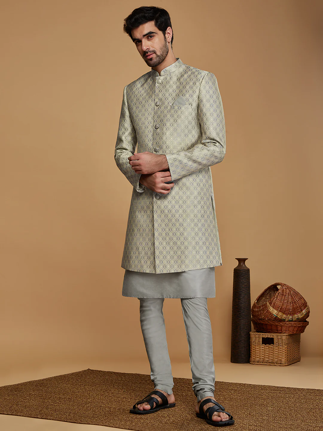 Men Grey Kurta Sherwani Churidar Set - Image 3