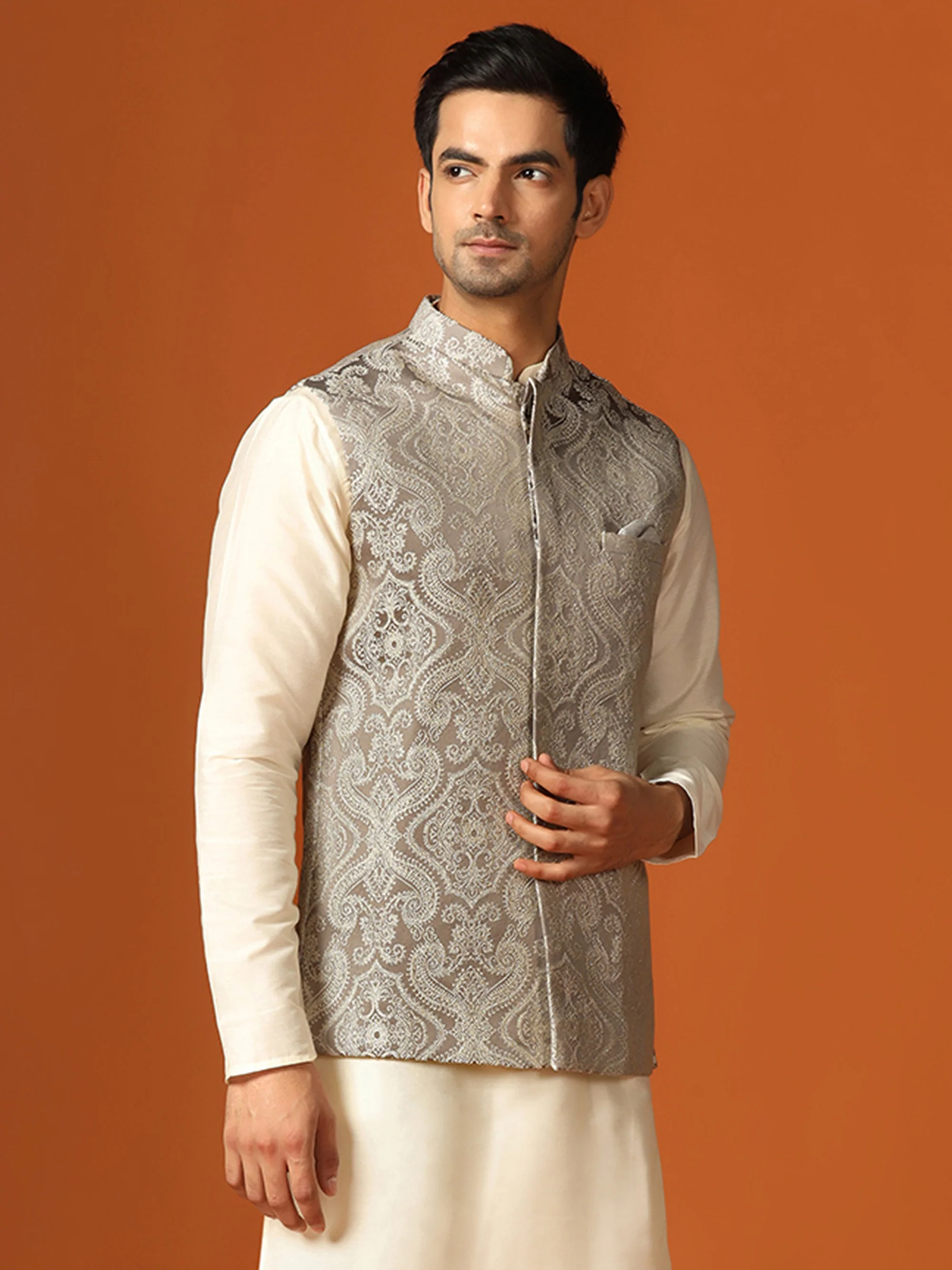 Grey Jacquard Woven Nehru Jacket - Image 3